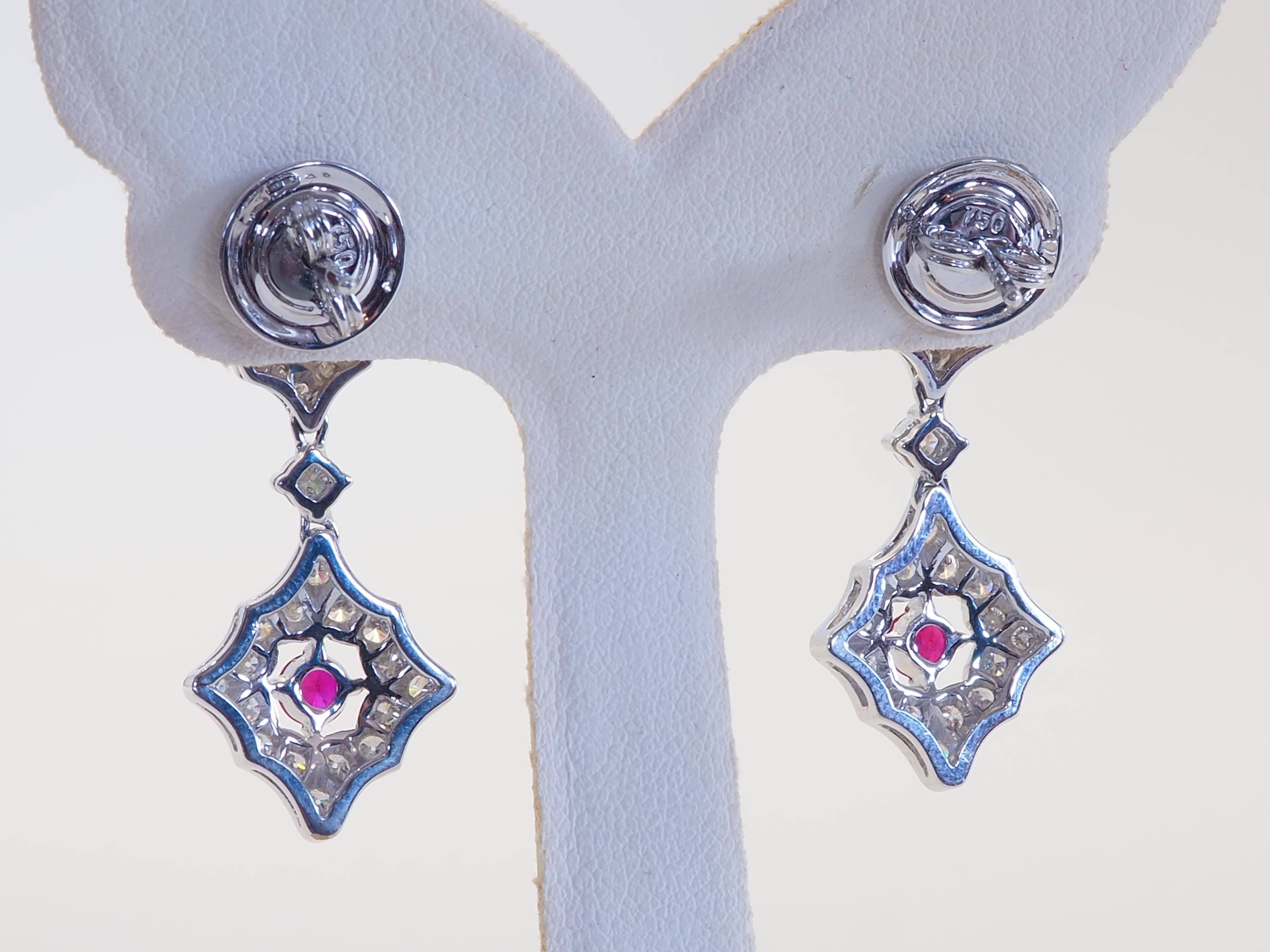 Round Cut 18K White Gold 0.66ctw Round Ruby & 1.13ct Diamond Dangle Stud Earring For Sale