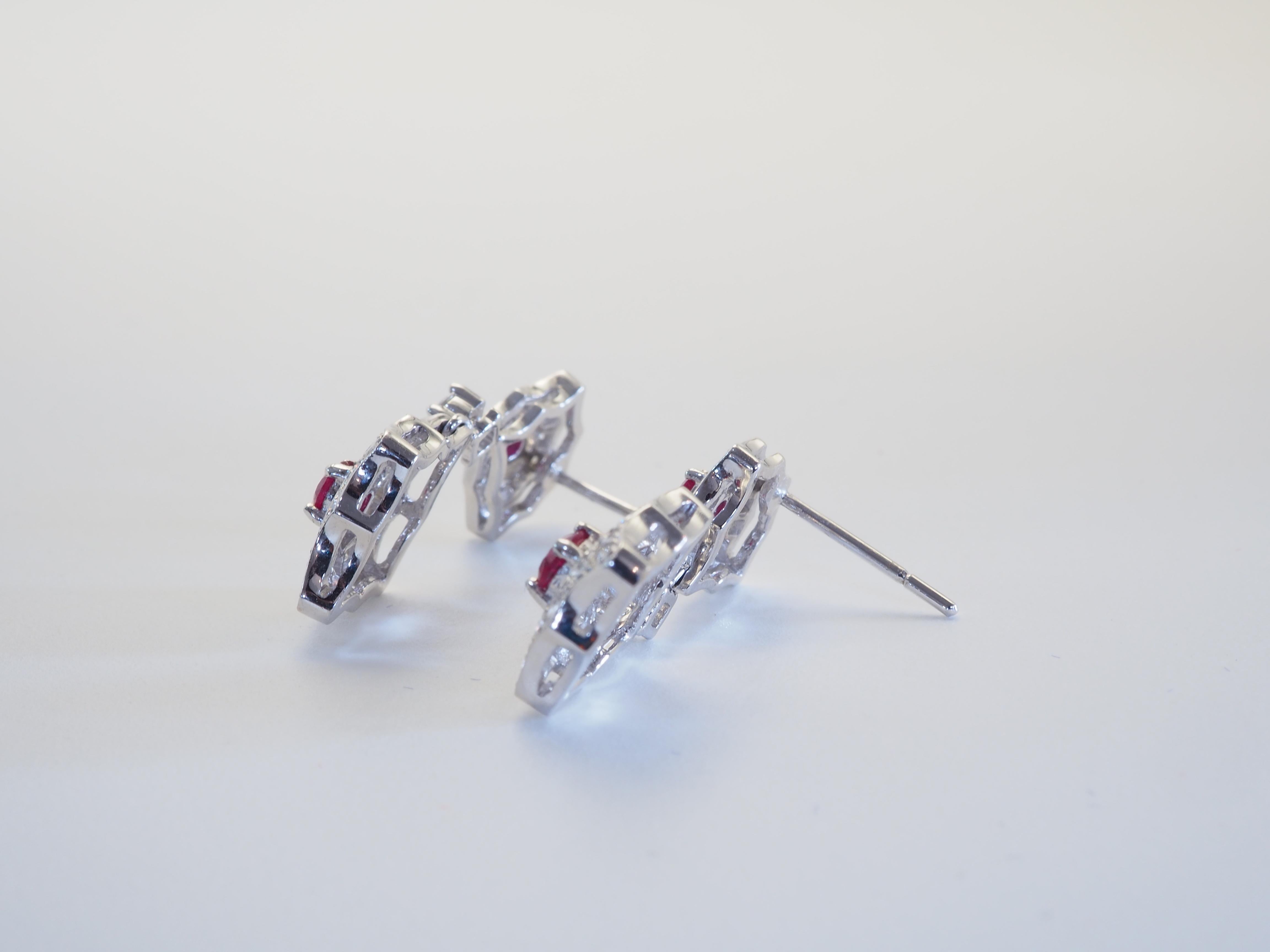 18K White Gold 0.66ctw Round Ruby & 1.13ct Diamond Dangle Stud Earring For Sale 1