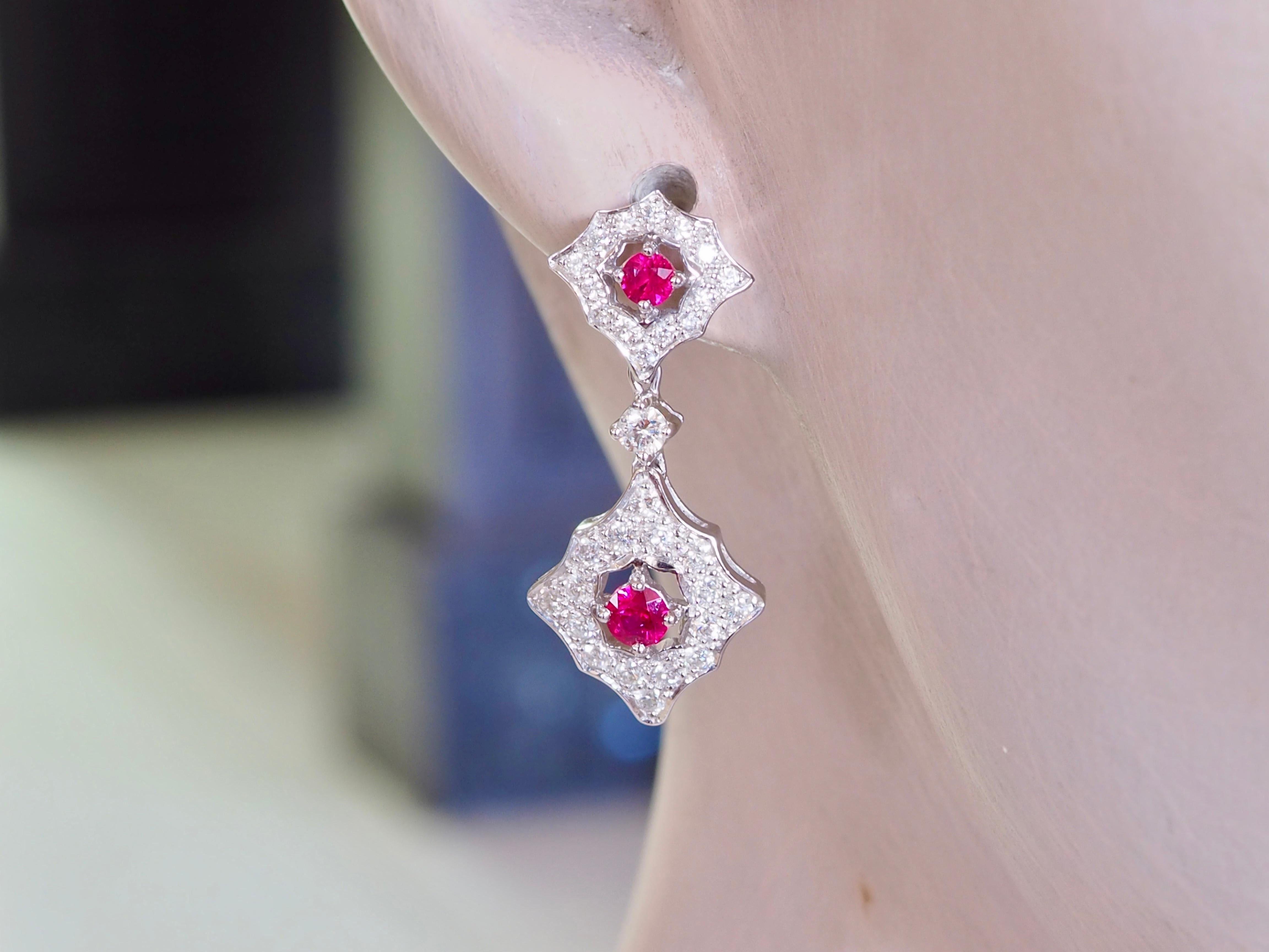 18K White Gold 0.66ctw Round Ruby & 1.13ct Diamond Dangle Stud Earring For Sale 3