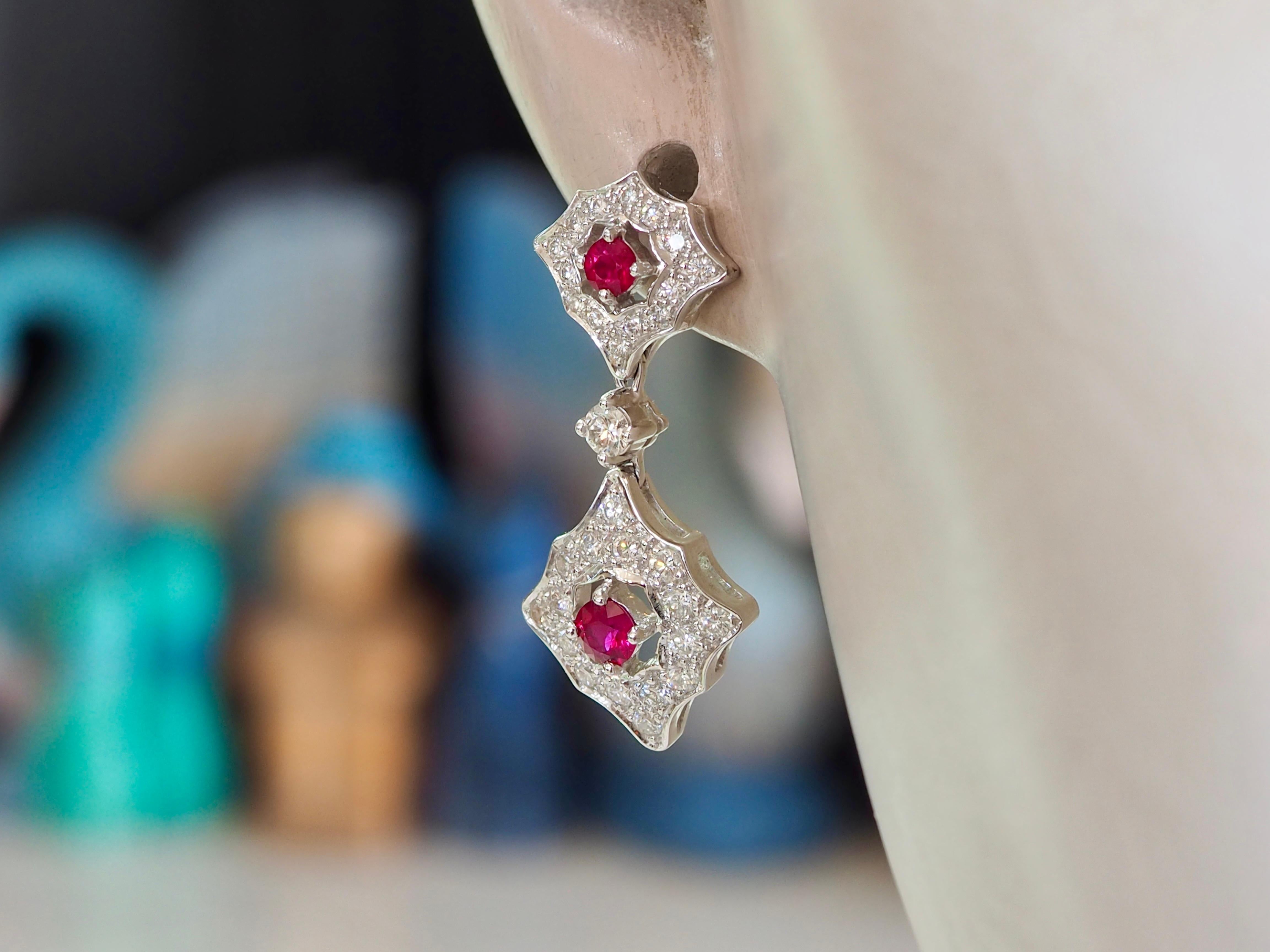 18K White Gold 0.66ctw Round Ruby & 1.13ct Diamond Dangle Stud Earring For Sale 4