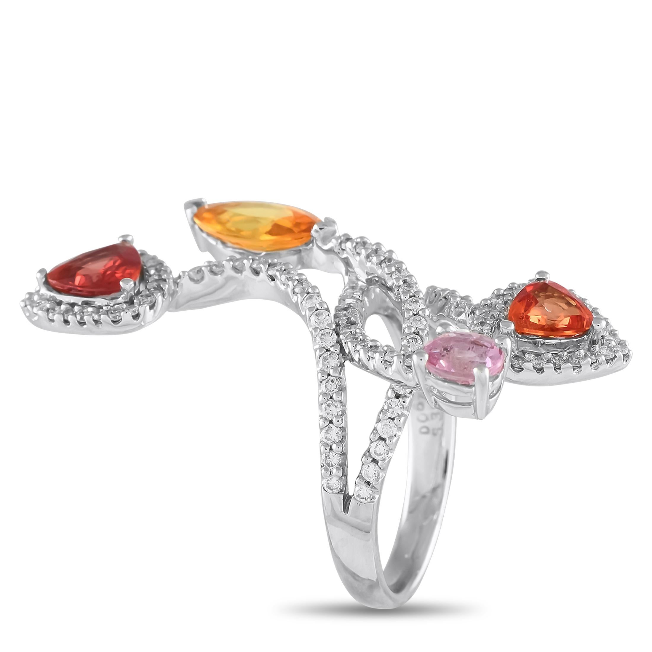 A dynamic 18K White Gold setting sets this luxury ring apart from all others. Unique and incredibly enchanting, multicolored Sapphires with a total weight of 3.12 carats add an exciting splash of color. Diamonds totaling 0.67 carats allow it to