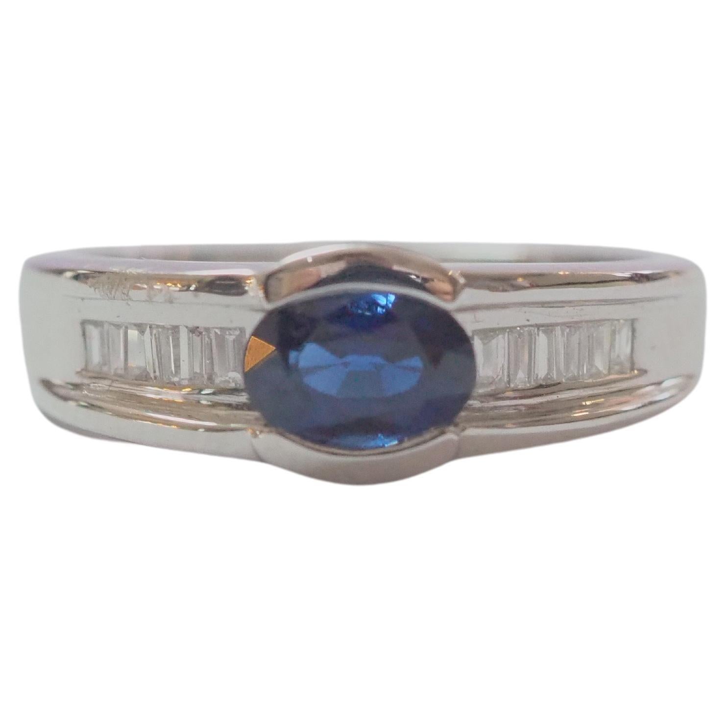 No Reserve- 18K White Gold 0.71ct Blue Sapphire & 0.14ct Diamond Unisex Ring
