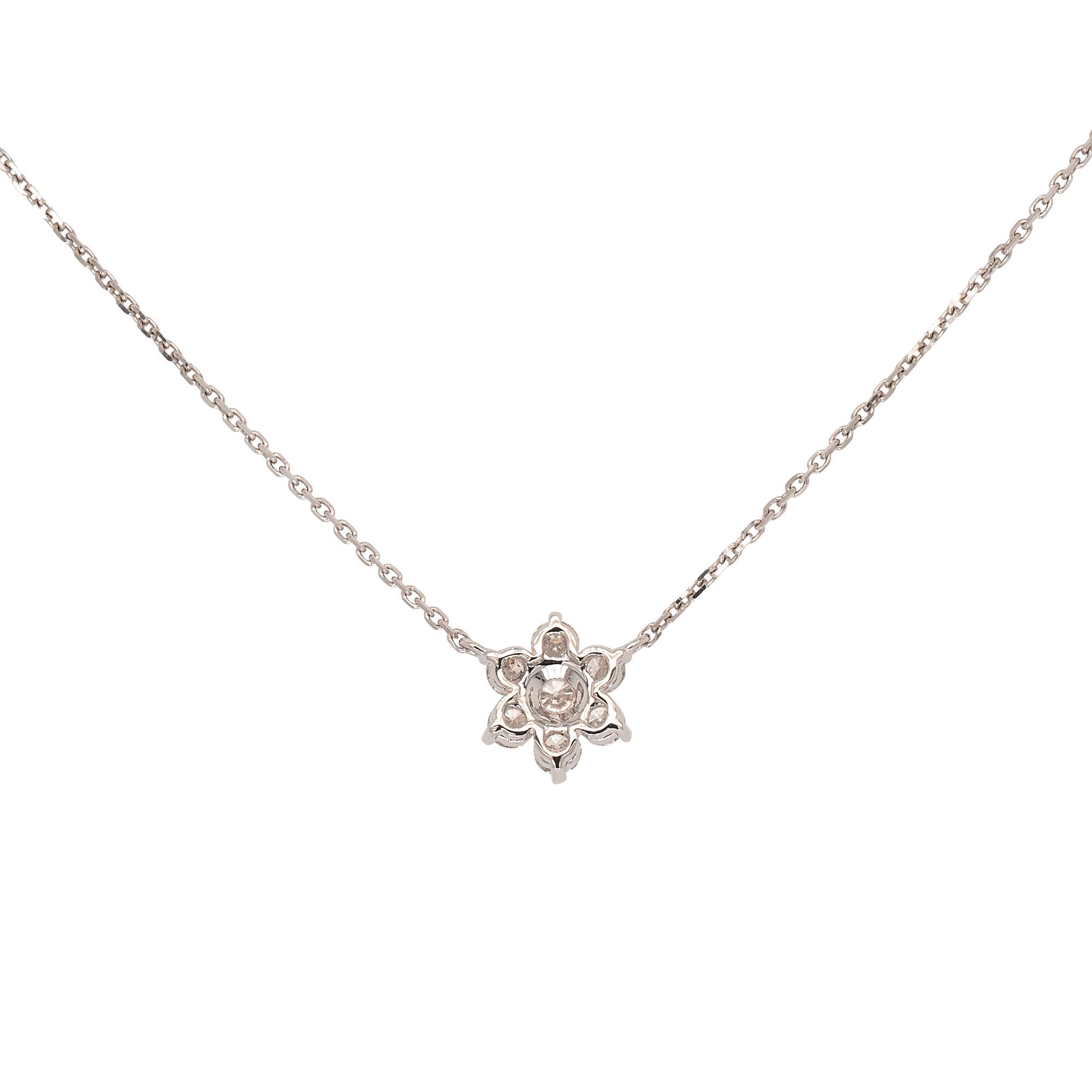 Round Cut 18k White Gold 0.73ct Round Brilliant Natural Diamond Flower Pendant Necklace For Sale
