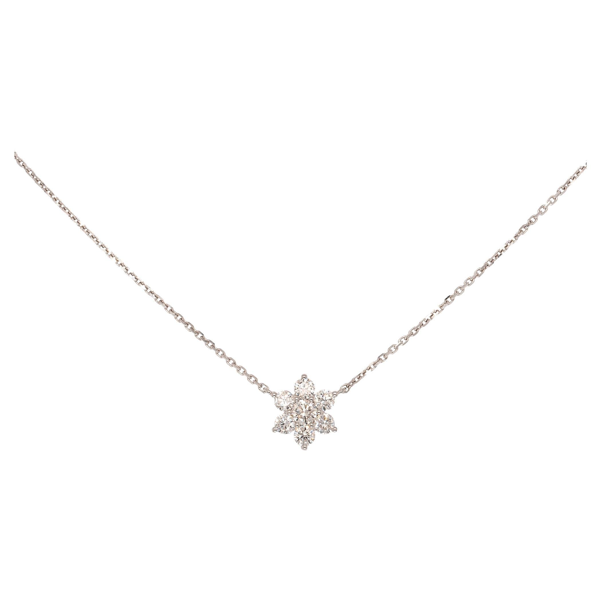 18k White Gold 0.73ct Round Brilliant Natural Diamond Flower Pendant Necklace For Sale