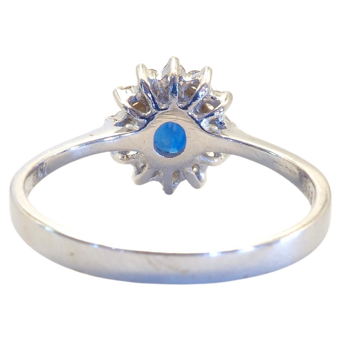 18K White Gold 0.74ct Blue Sapphire & 0.20ct Diamond Fine Sunburst Ring In New Condition For Sale In เกาะสมุย, TH