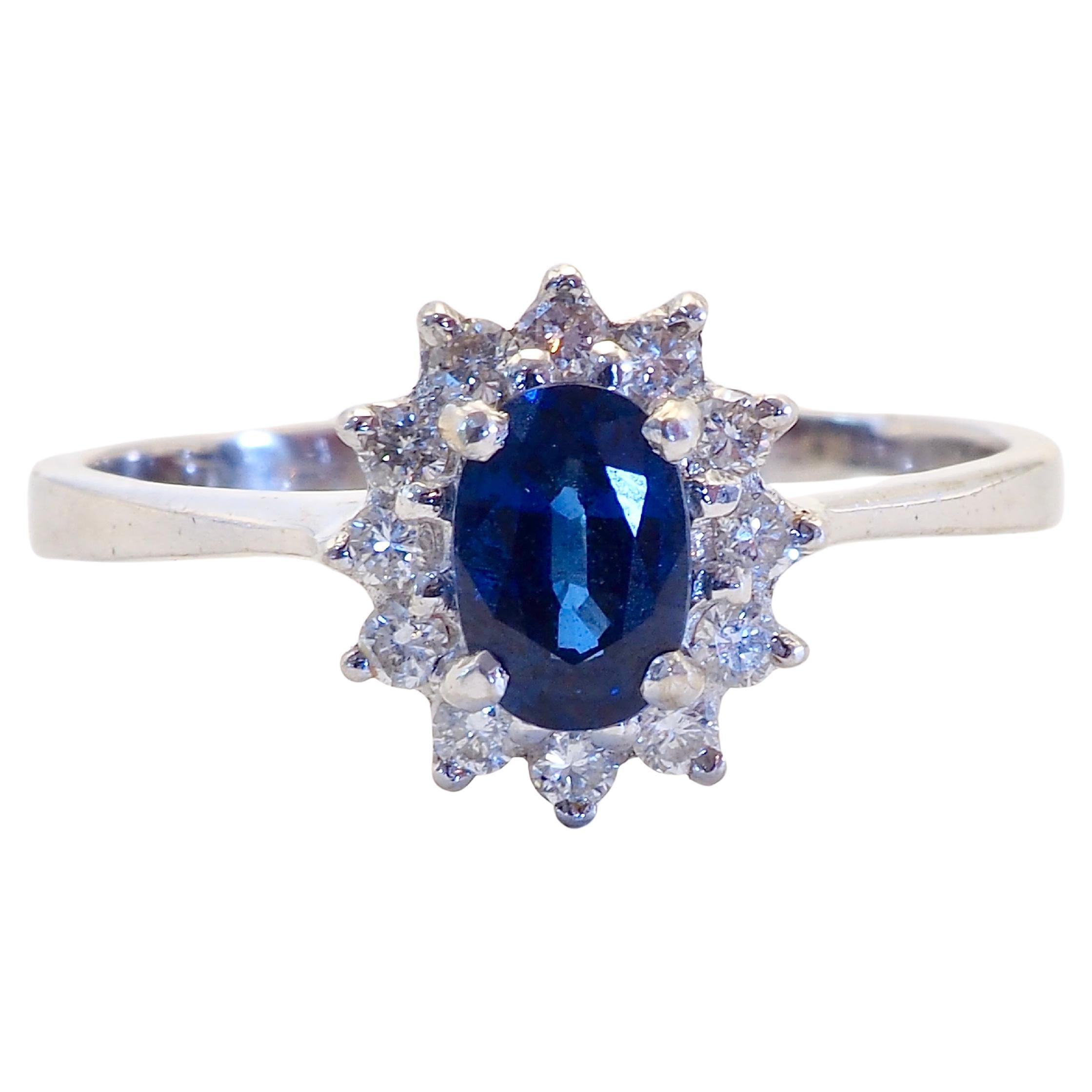 18K White Gold 0.74ct Blue Sapphire & 0.20ct Diamond Fine Sunburst Ring
