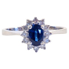 18K White Gold 0.74ct Blue Sapphire & 0.20ct Diamond Fine Sunburst Ring