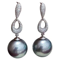 18k White Gold Diamond Ocean Blue Tahitian Pearl Earrings with PSL Certificate