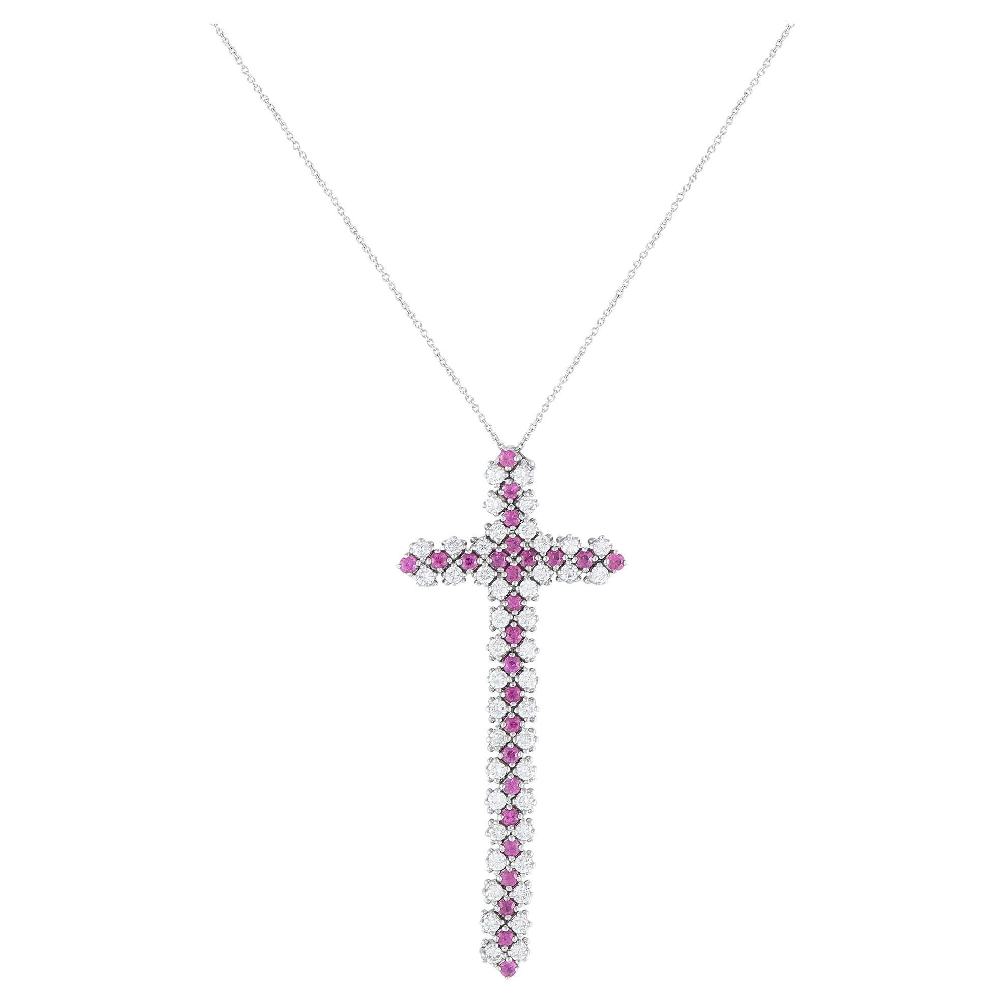 18K White Gold 0.75ct Diamond and Ruby Cross Necklace For Sale