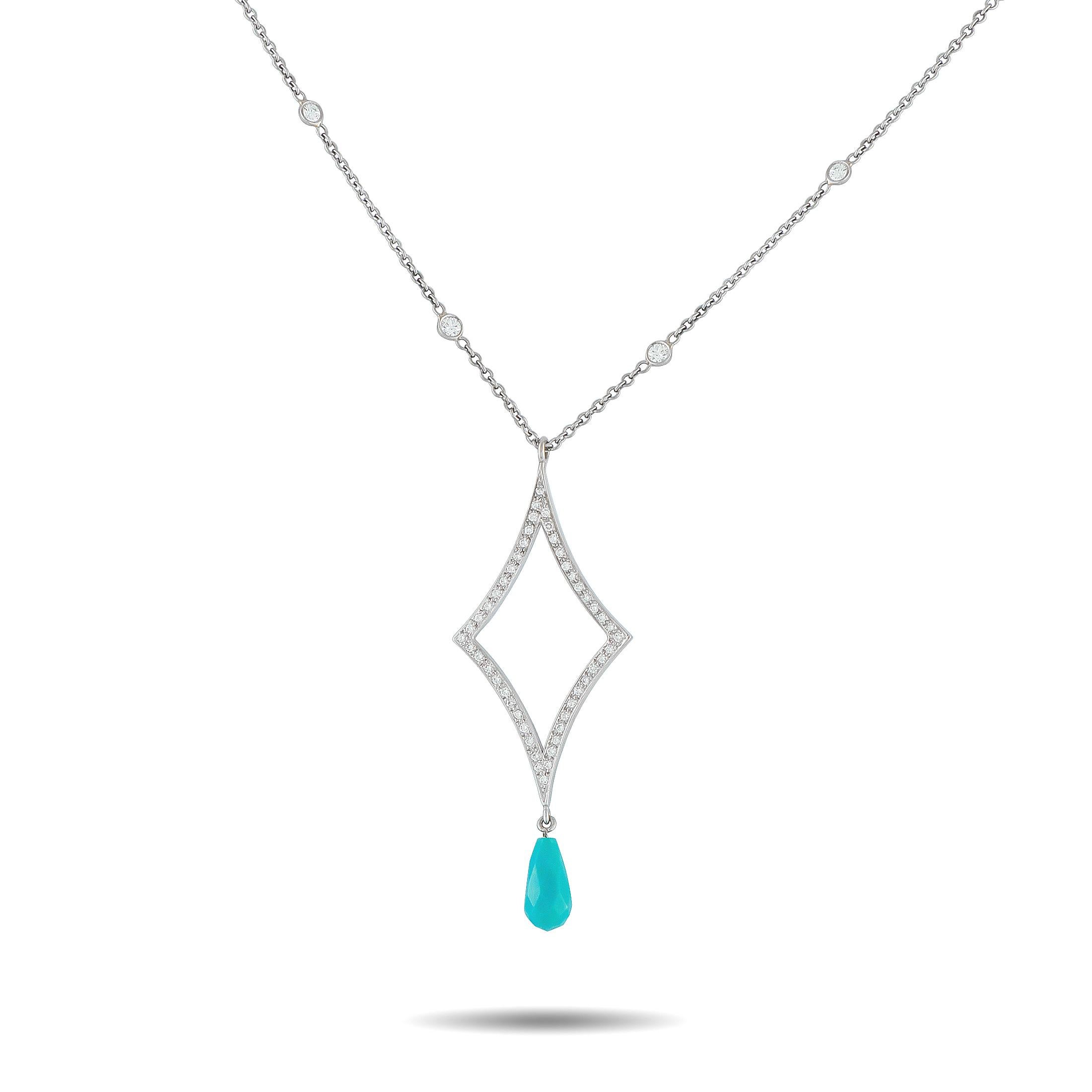 18K White Gold 0.75ct Diamond and Turquoise Necklace MF04-102725 In Excellent Condition For Sale In Southampton, PA