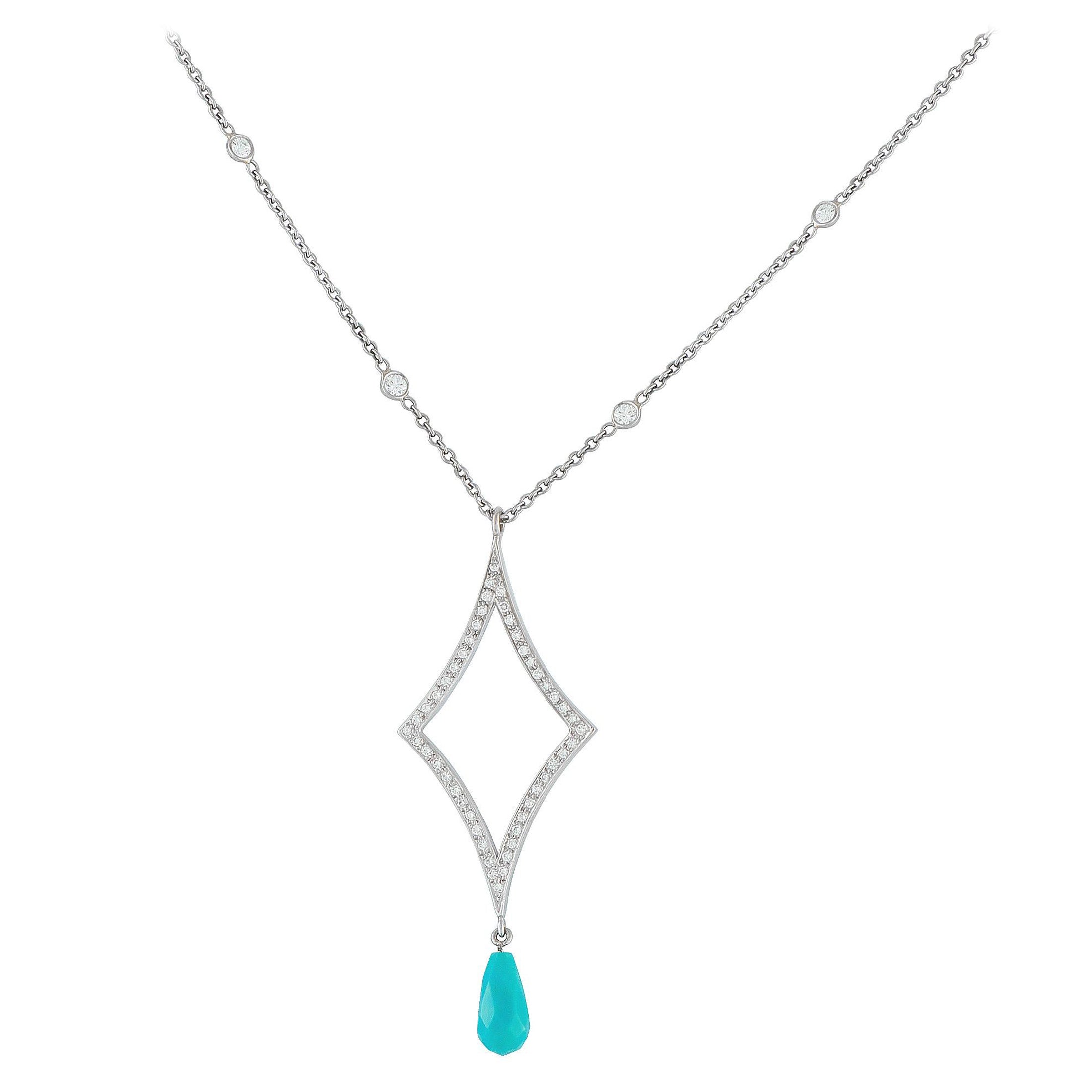 18K White Gold 0.75ct Diamond and Turquoise Necklace MF04-102725