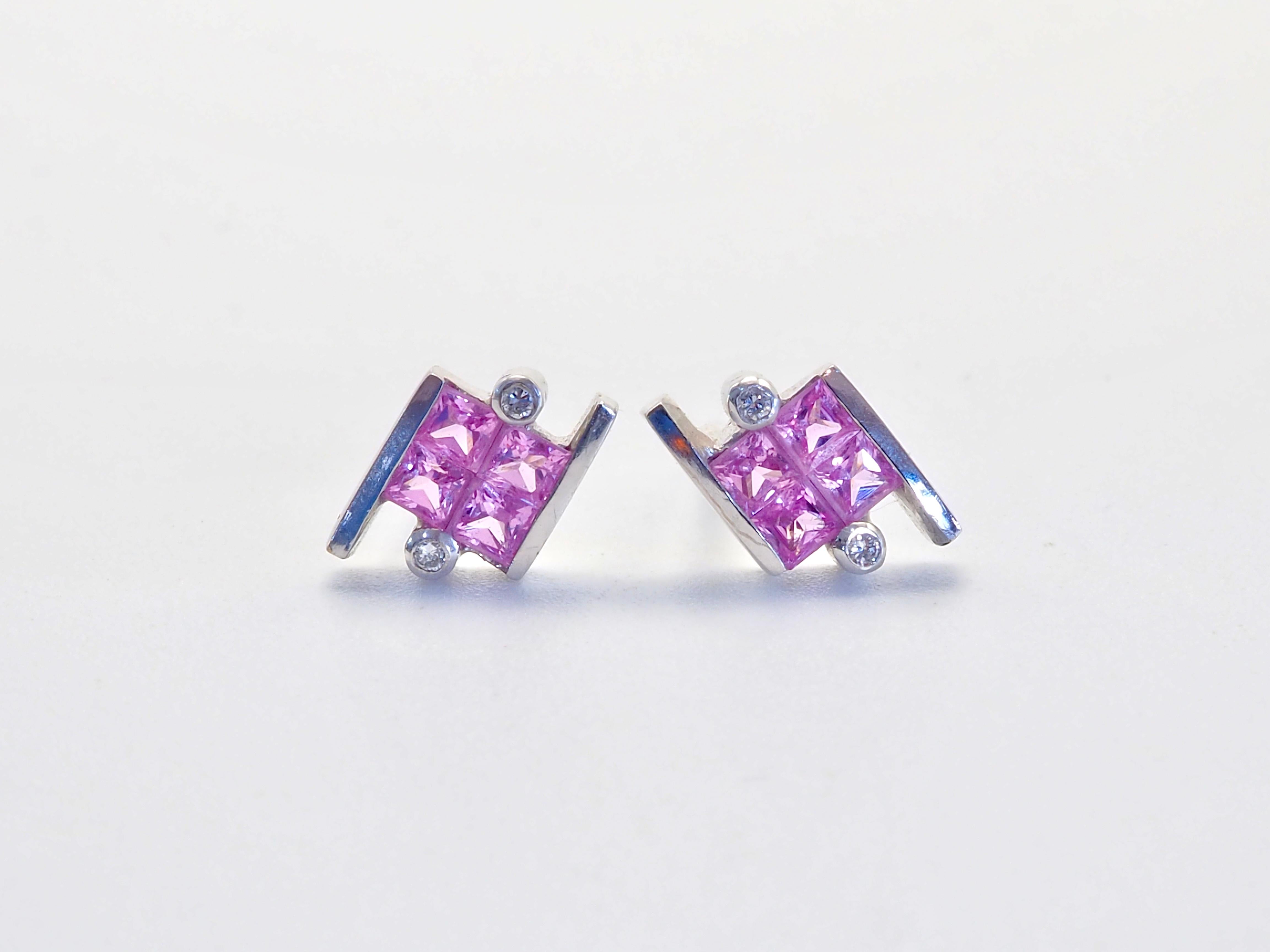 Art Deco 18K White Gold 0.75ct Squared Pink Sapphires & 0.03ct Diamond Stud Earrings For Sale