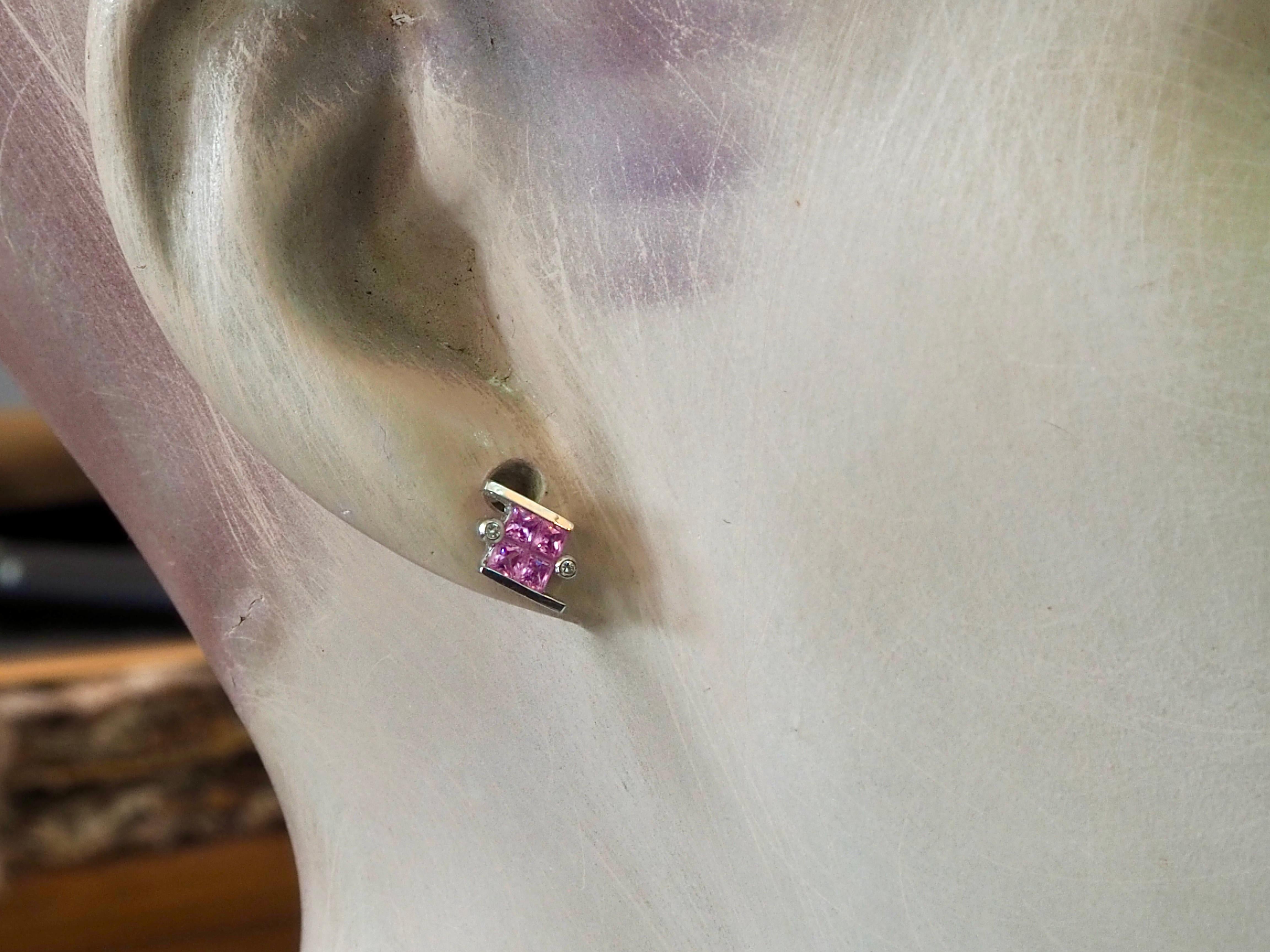 18K White Gold 0.75ct Squared Pink Sapphires & 0.03ct Diamond Stud Earrings In New Condition For Sale In เกาะสมุย, TH