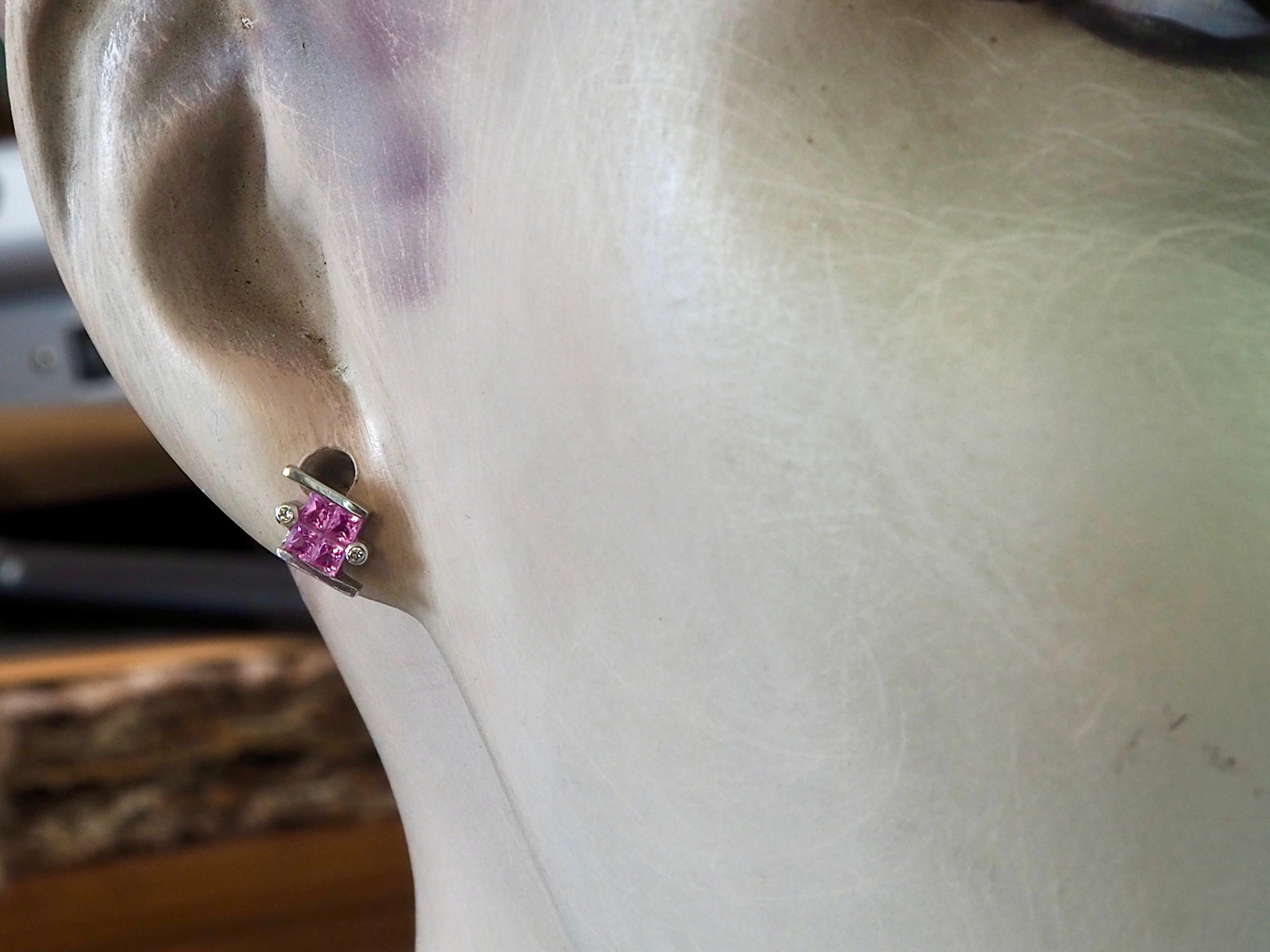 Women's or Men's 18K White Gold 0.75ct Squared Pink Sapphires & 0.03ct Diamond Stud Earrings For Sale