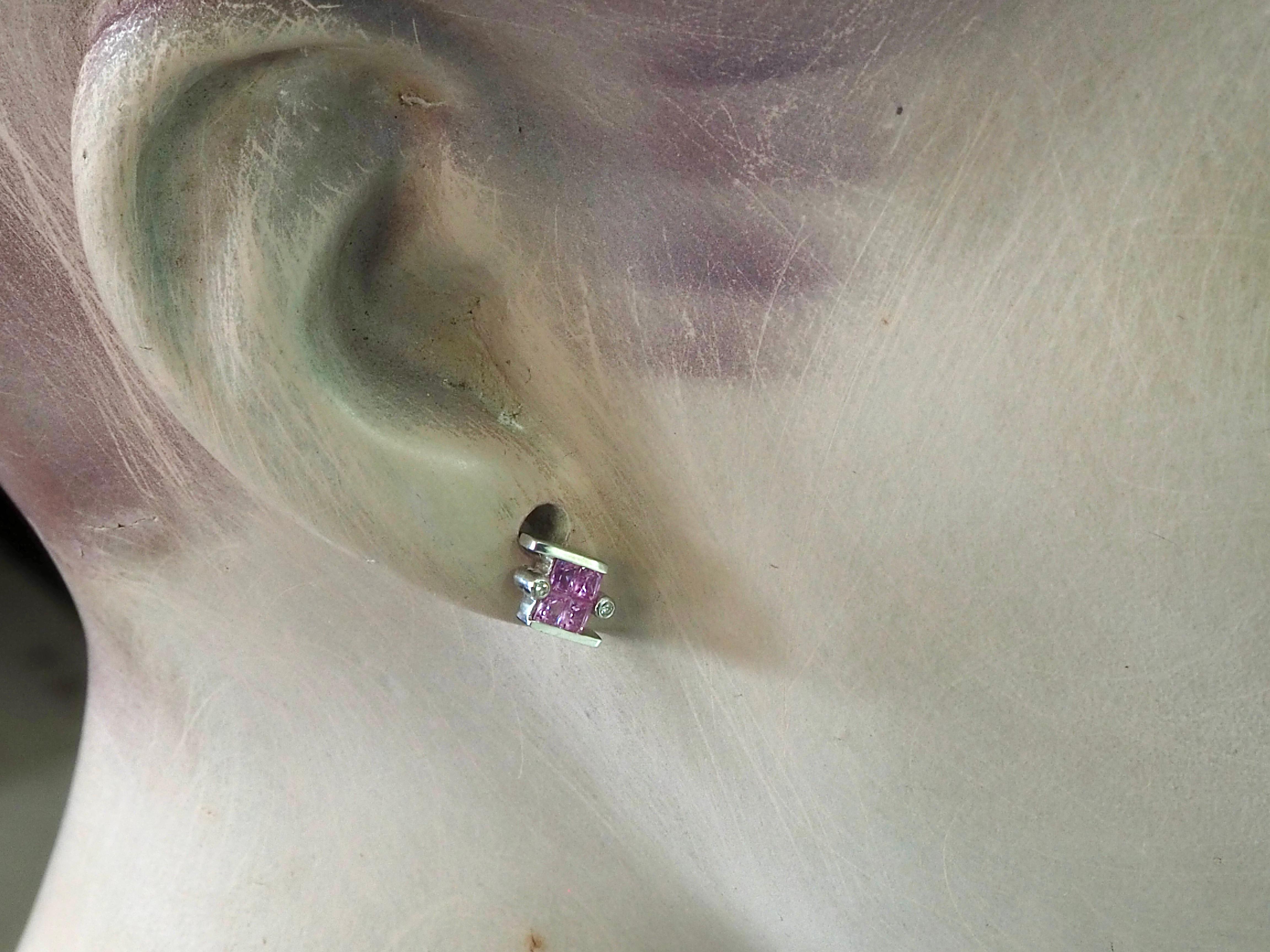 18K White Gold 0.75ct Squared Pink Sapphires & 0.03ct Diamond Stud Earrings For Sale 1