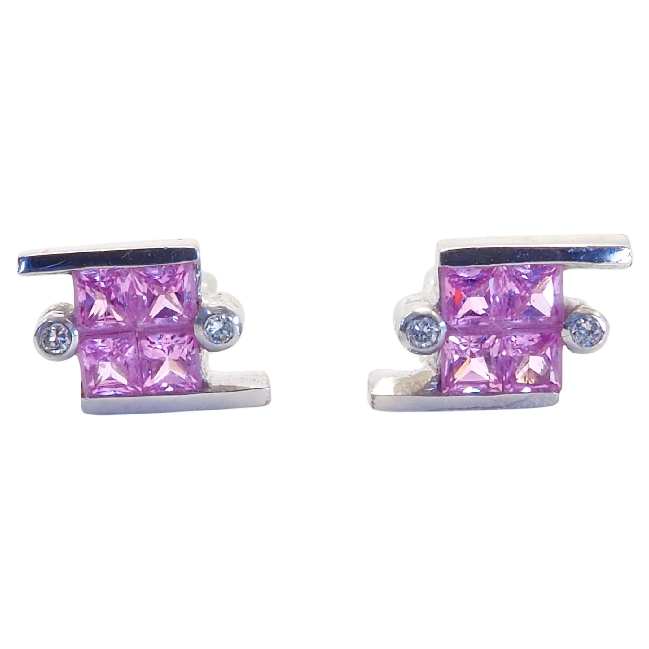 18K White Gold 0.75ct Squared Pink Sapphires & 0.03ct Diamond Stud Earrings