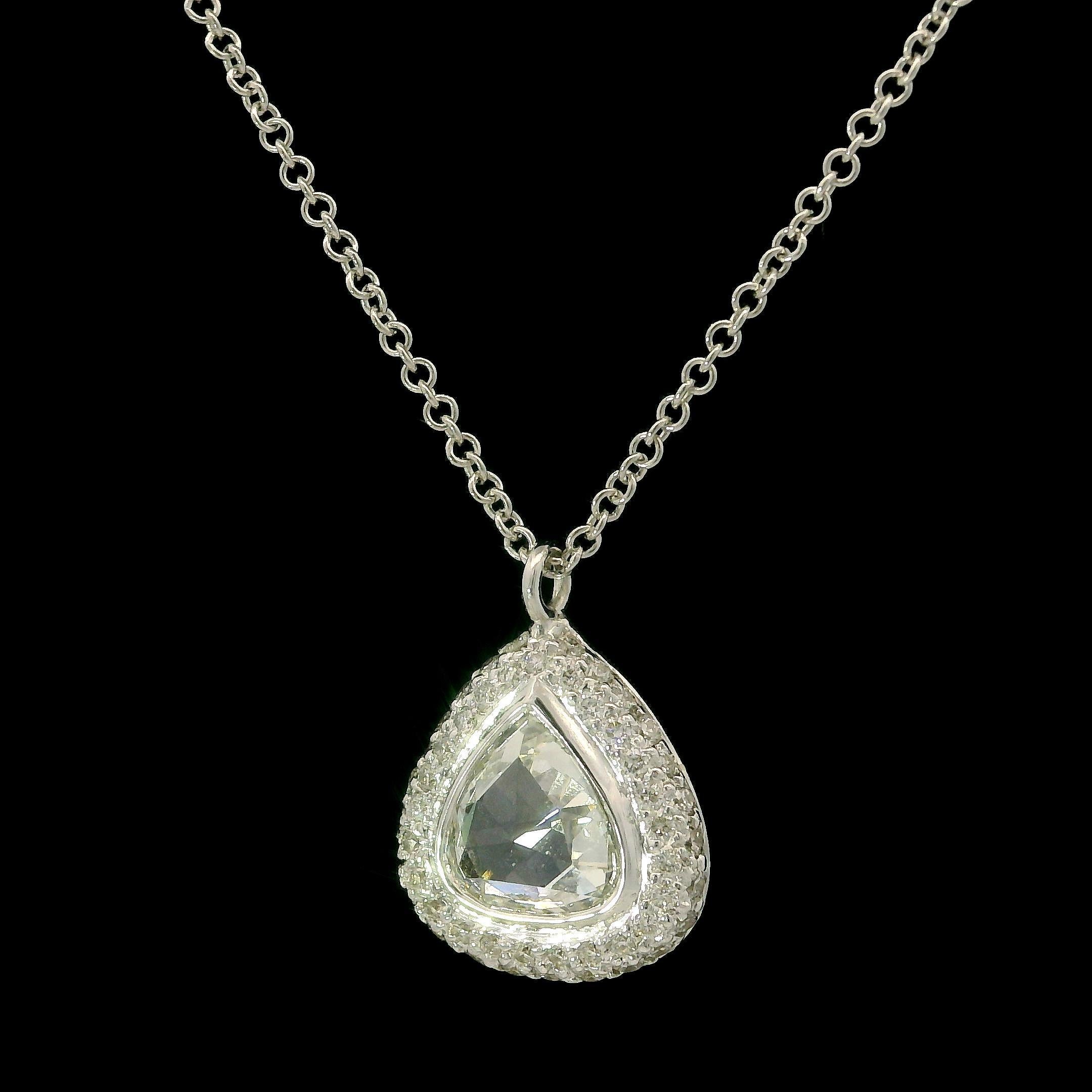 18k White Gold 0.75ctw Rose Cut Diamond Slide Pendant Pave Halo Chain Necklace In Excellent Condition For Sale In Montclair, NJ