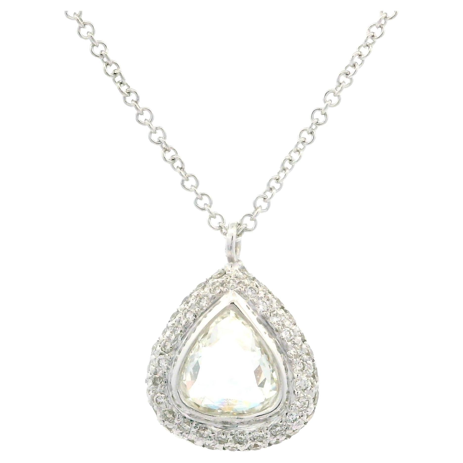 18k White Gold 0.75ctw Rose Cut Diamond Slide Pendant Pave Halo Chain Necklace For Sale