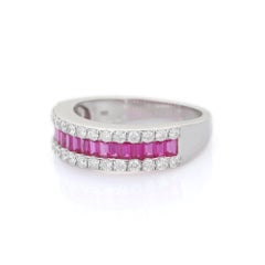 18K White Gold 0.76 Ct Ruby Wedding Band Ring with Diamonds