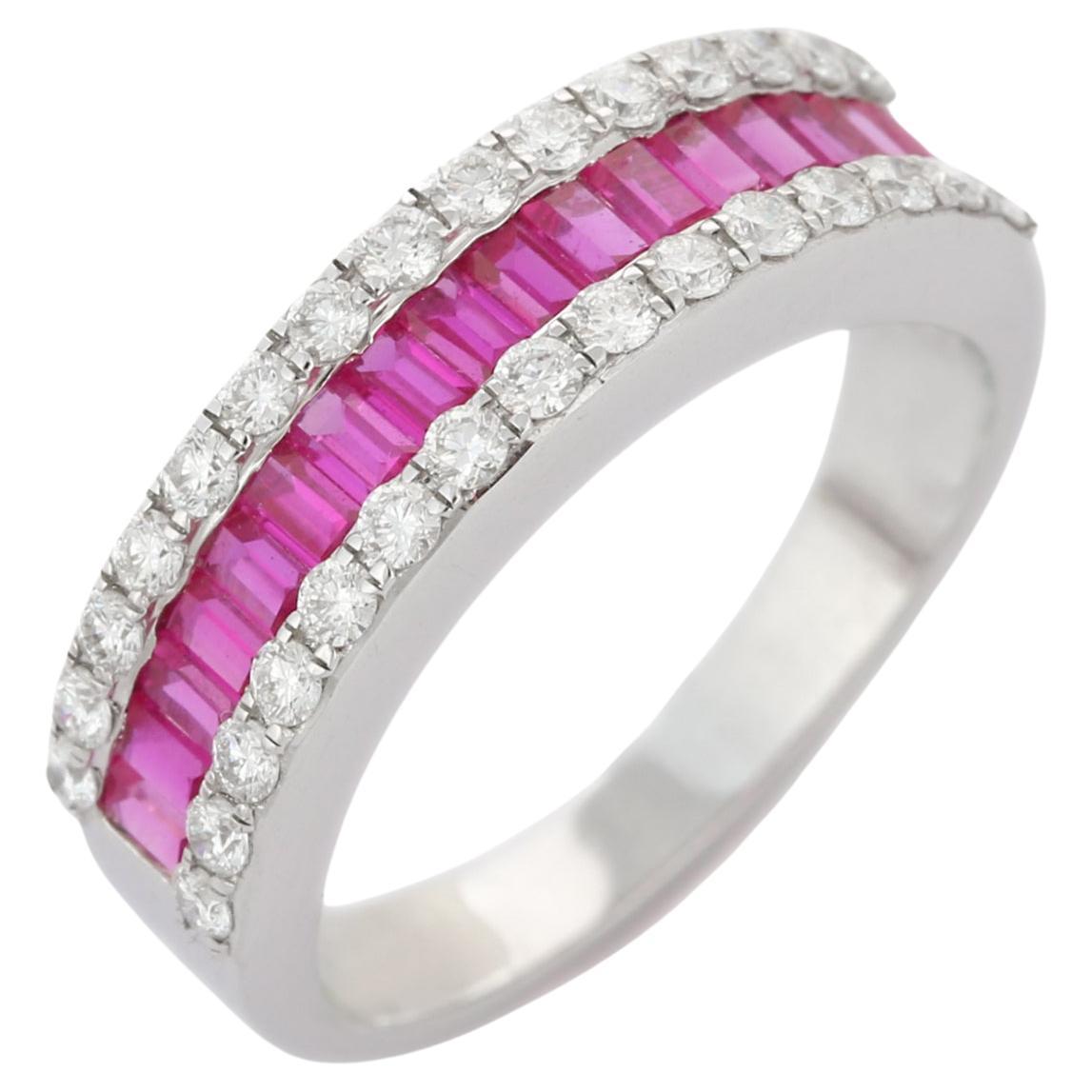 For Sale:  18K White Gold 0.76 Ct Ruby Wedding Band Ring with Diamonds
