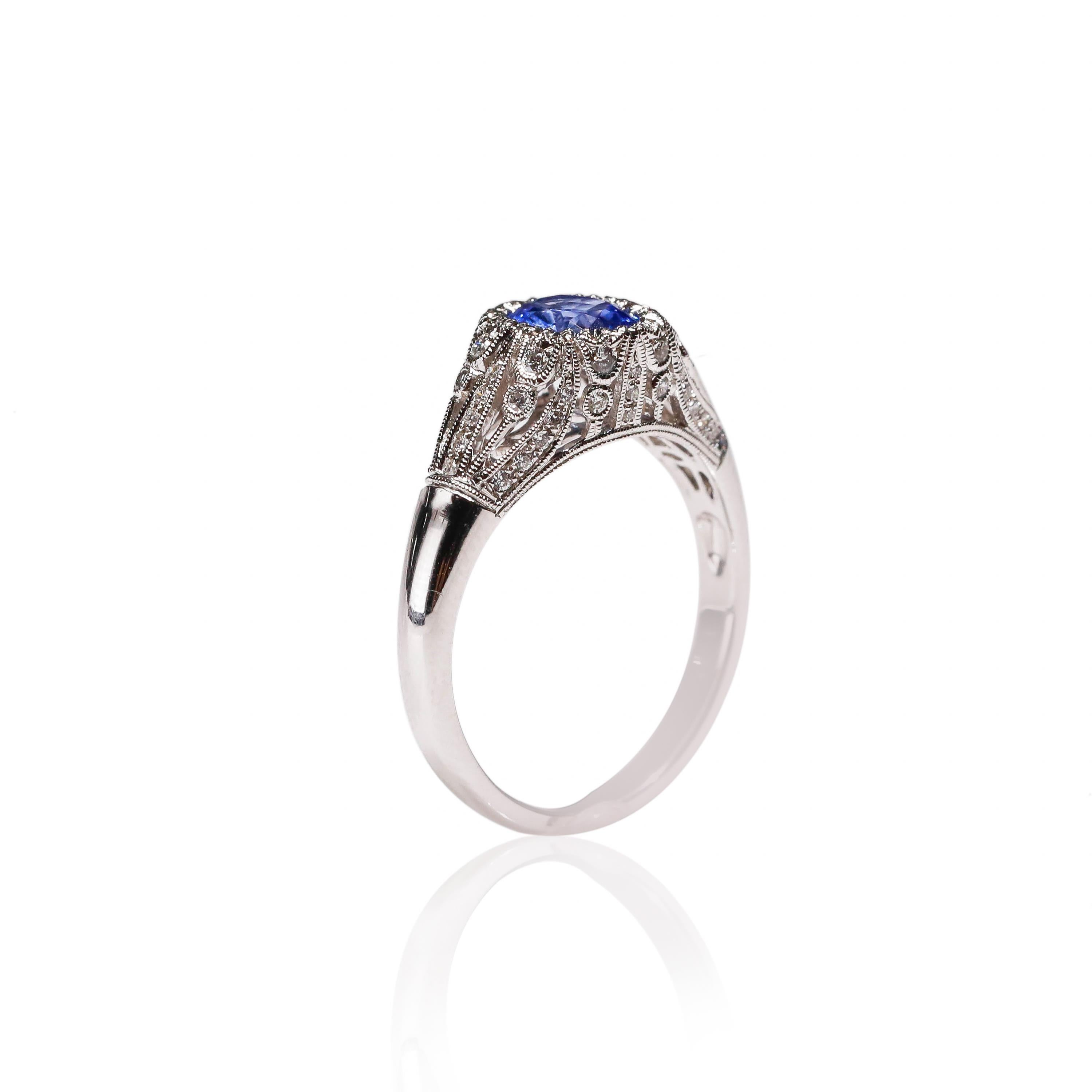 Oval Cut 18 Karat Gold 0.77 Carat Blue Sapphire Diamond Halo Ring New Art Deco Style