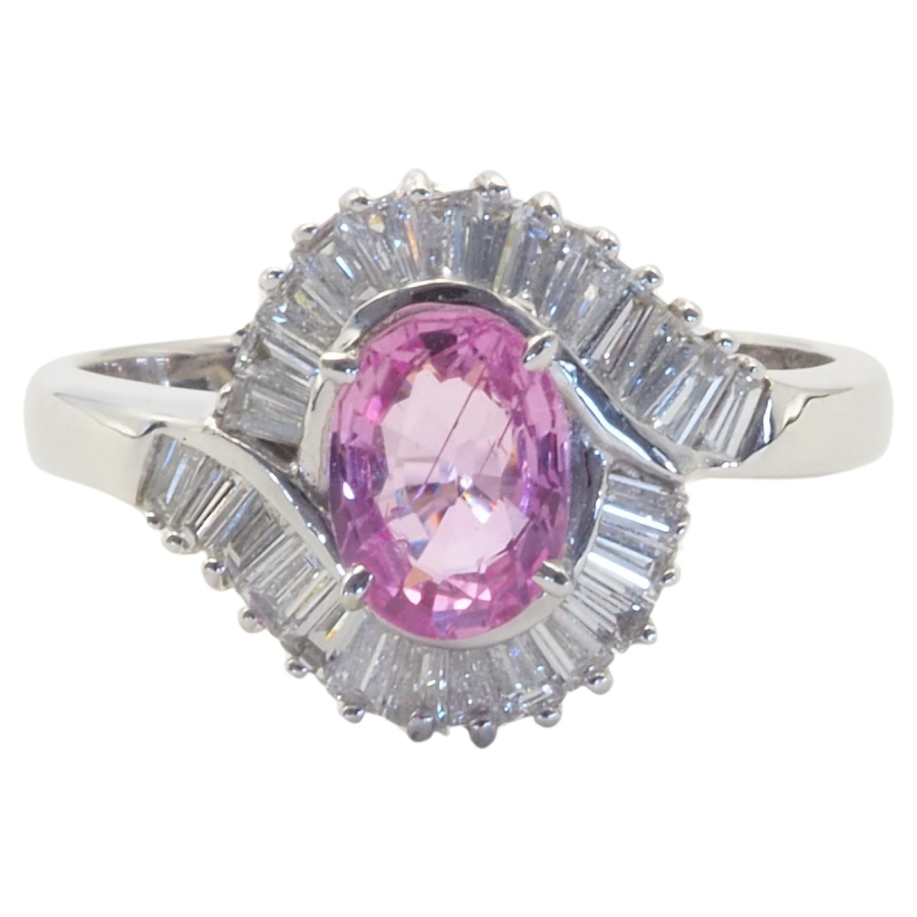 18K White Gold 0.77ct Pink Sapphire & 0.47ct Baguette Diamond Ring