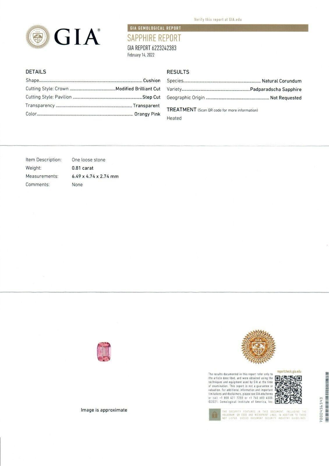 18k Weißgold 0,81ctw GIA Kissen Padparadscha Sapphire Lünette Solitär Ring im Angebot 6