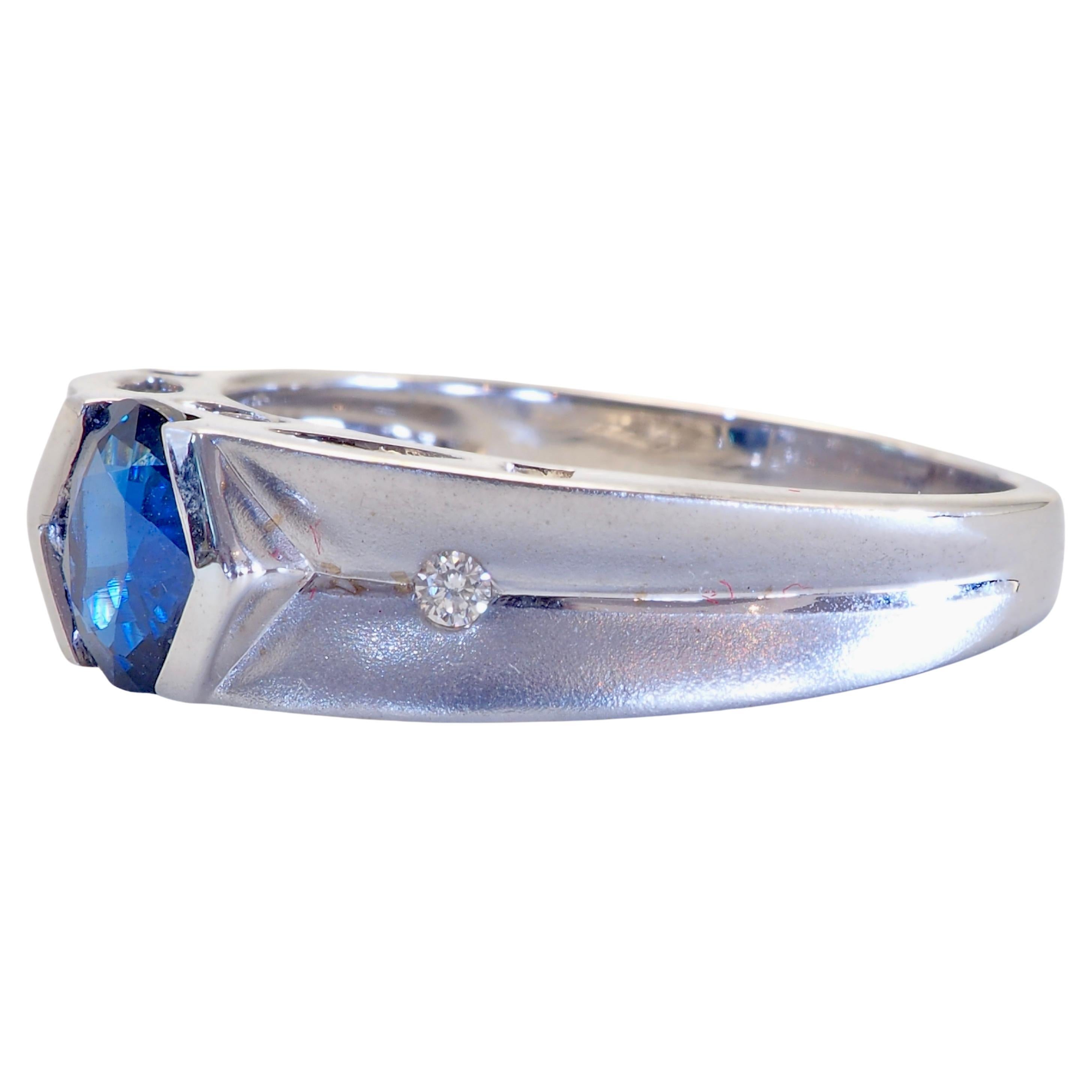 Oval Cut 18K White Gold 0.85ct Blue Sapphire & 0.04ct Diamond Matte Band Ring