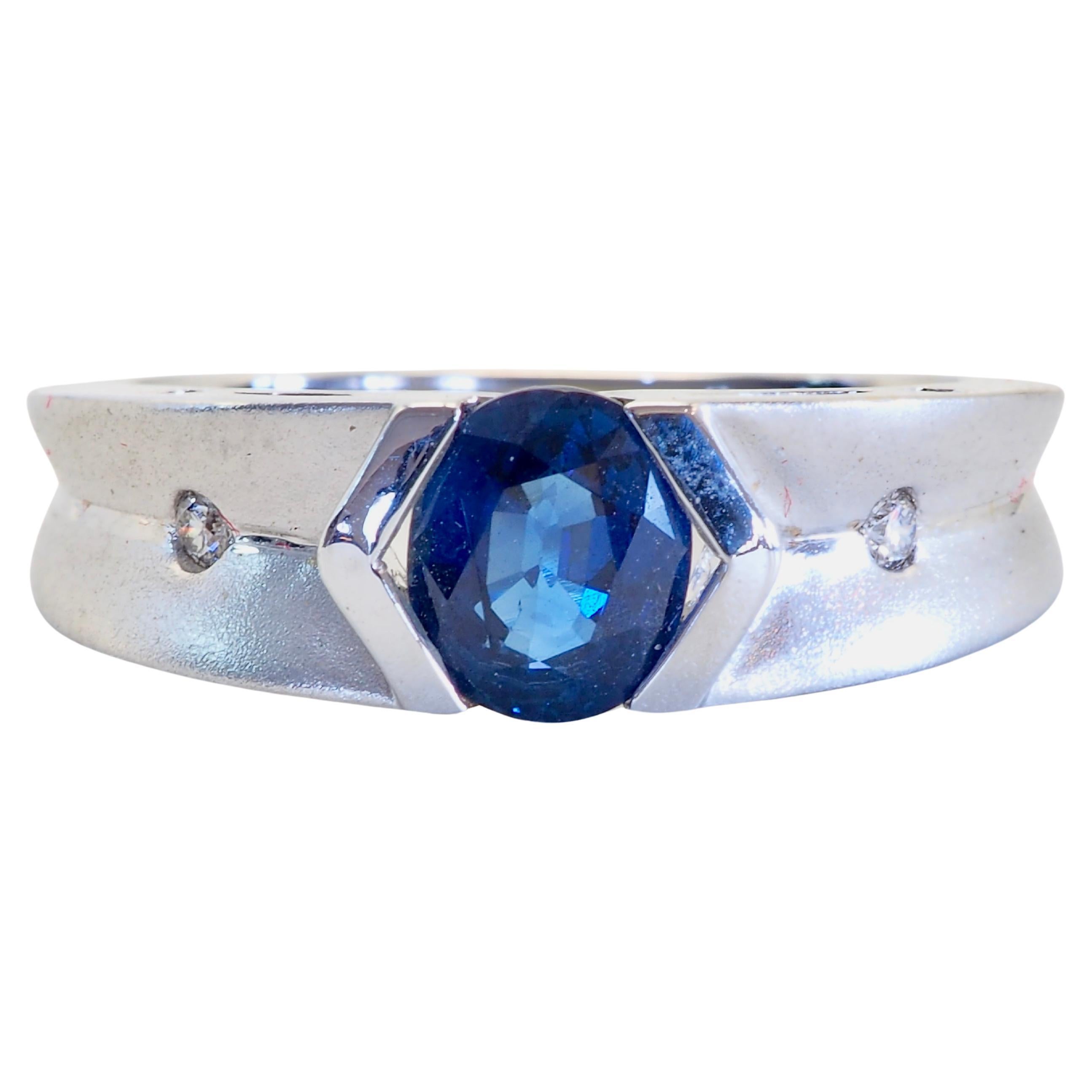 18K White Gold 0.85ct Blue Sapphire & 0.04ct Diamond Matte Band Ring