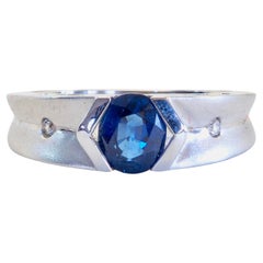 18K White Gold 0.85ct Blue Sapphire & 0.04ct Diamond Matte Band Ring