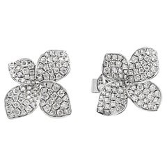 18K White Gold 0.90 Carat Diamond Four Petal Flower Stud Earrings with Pushbacks