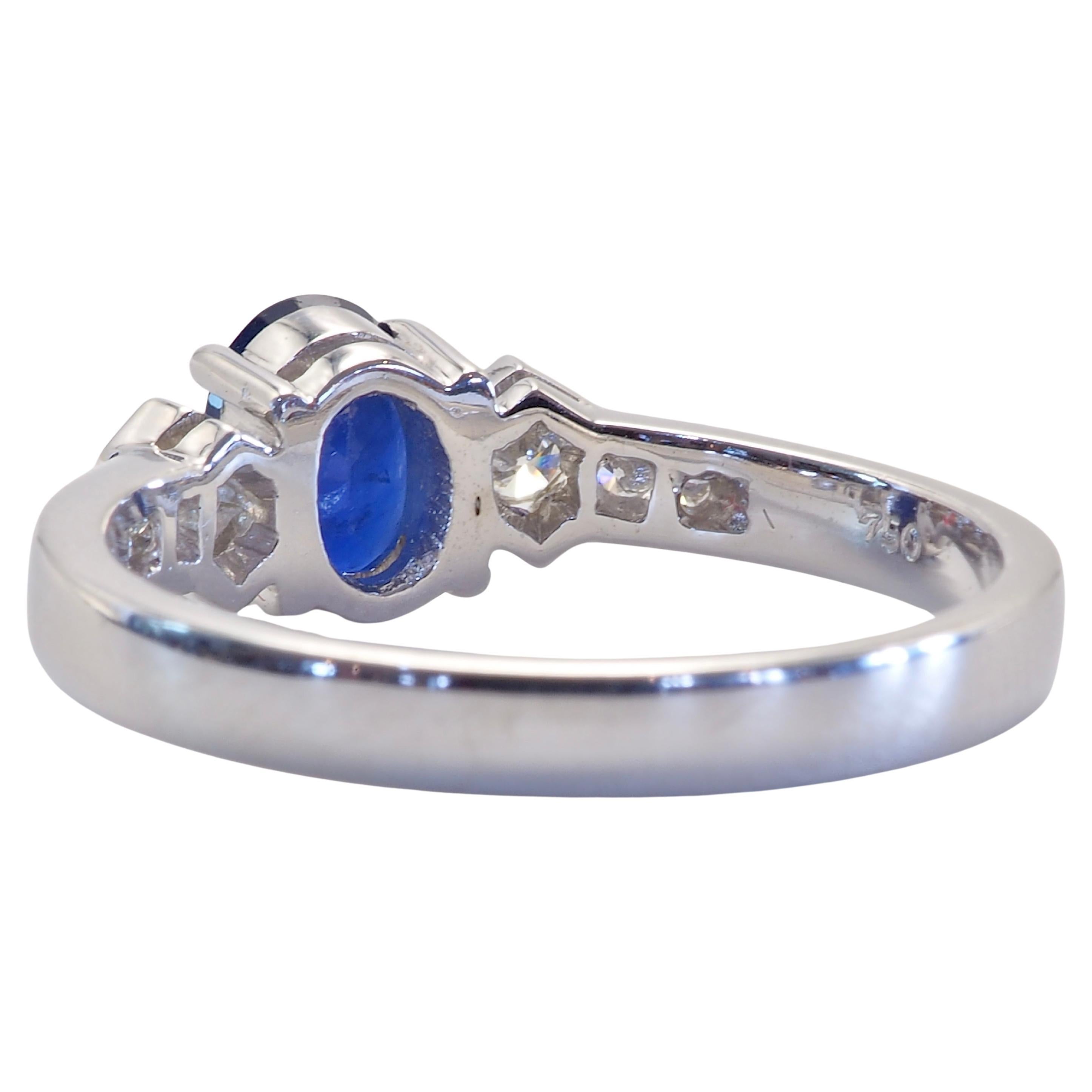 Oval Cut 18K White Gold 0.90ct Deep Blue Sapphire & 0.16ct Diamond Fine Ring For Sale
