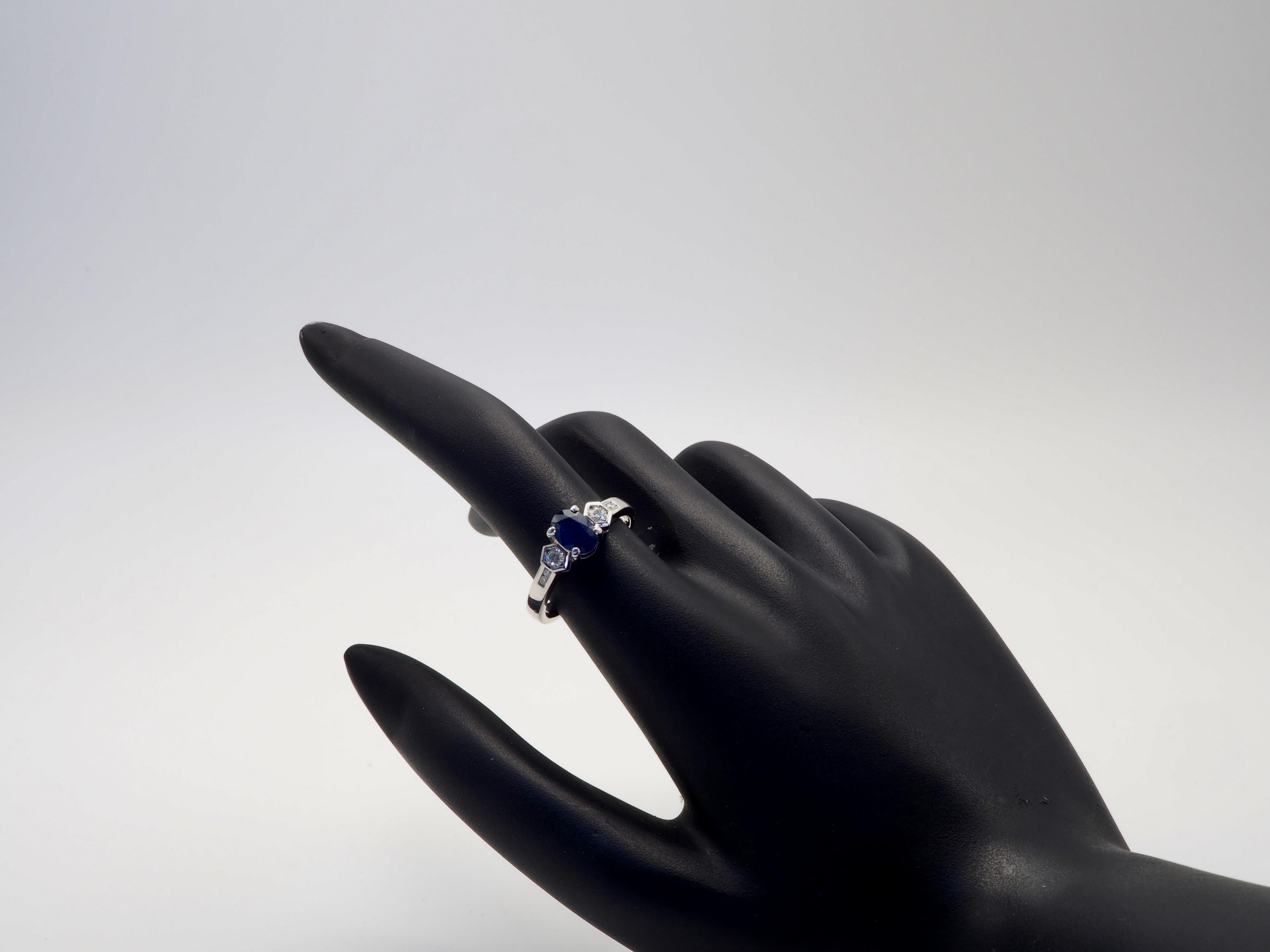 Women's 18K White Gold 0.90ct Deep Blue Sapphire & 0.16ct Diamond Fine Ring For Sale