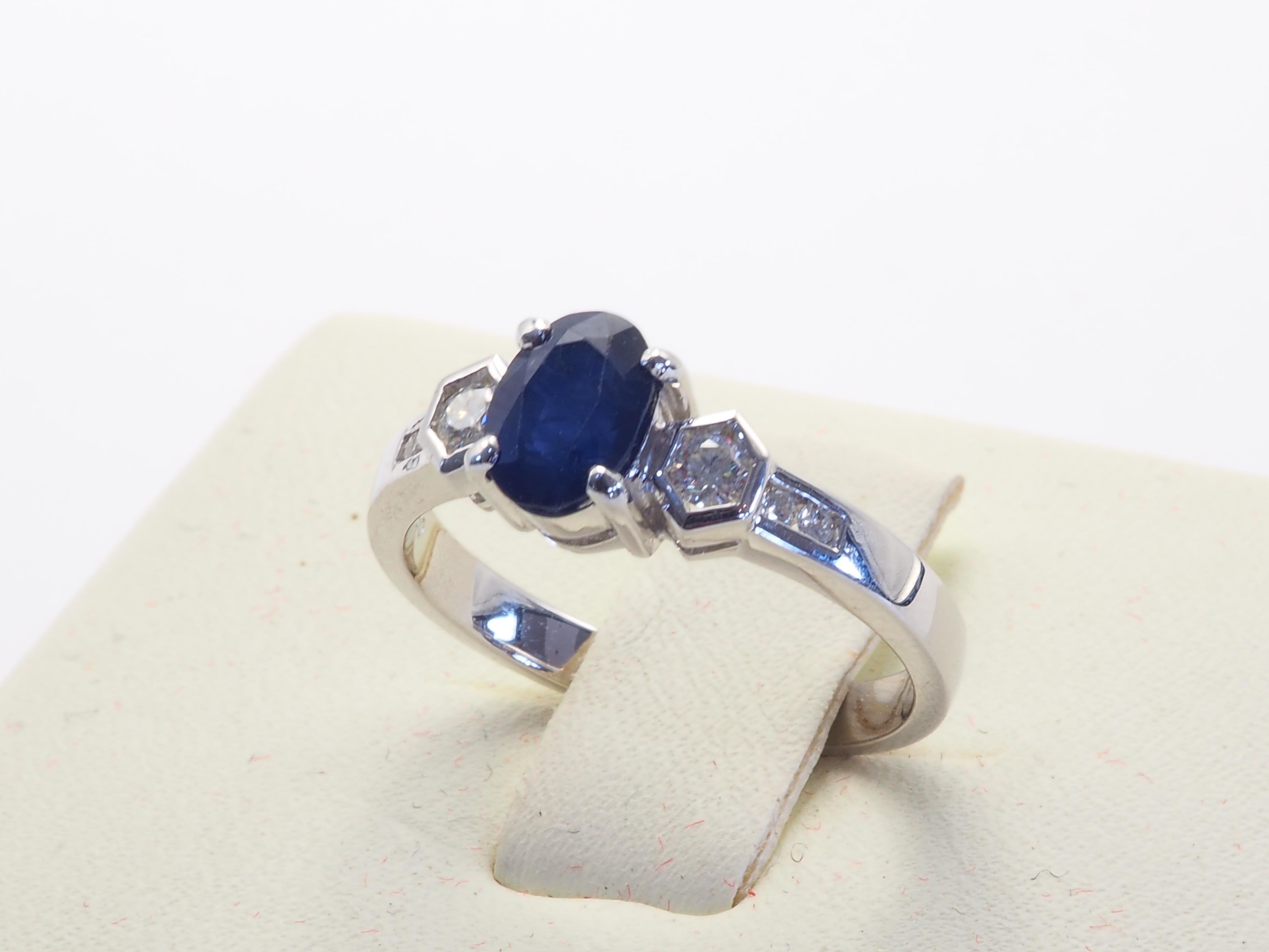 18K White Gold 0.90ct Deep Blue Sapphire & 0.16ct Diamond Fine Ring For Sale 3
