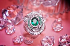 18K White Gold 0.93 CT Emerald & Diamond Snake Ring