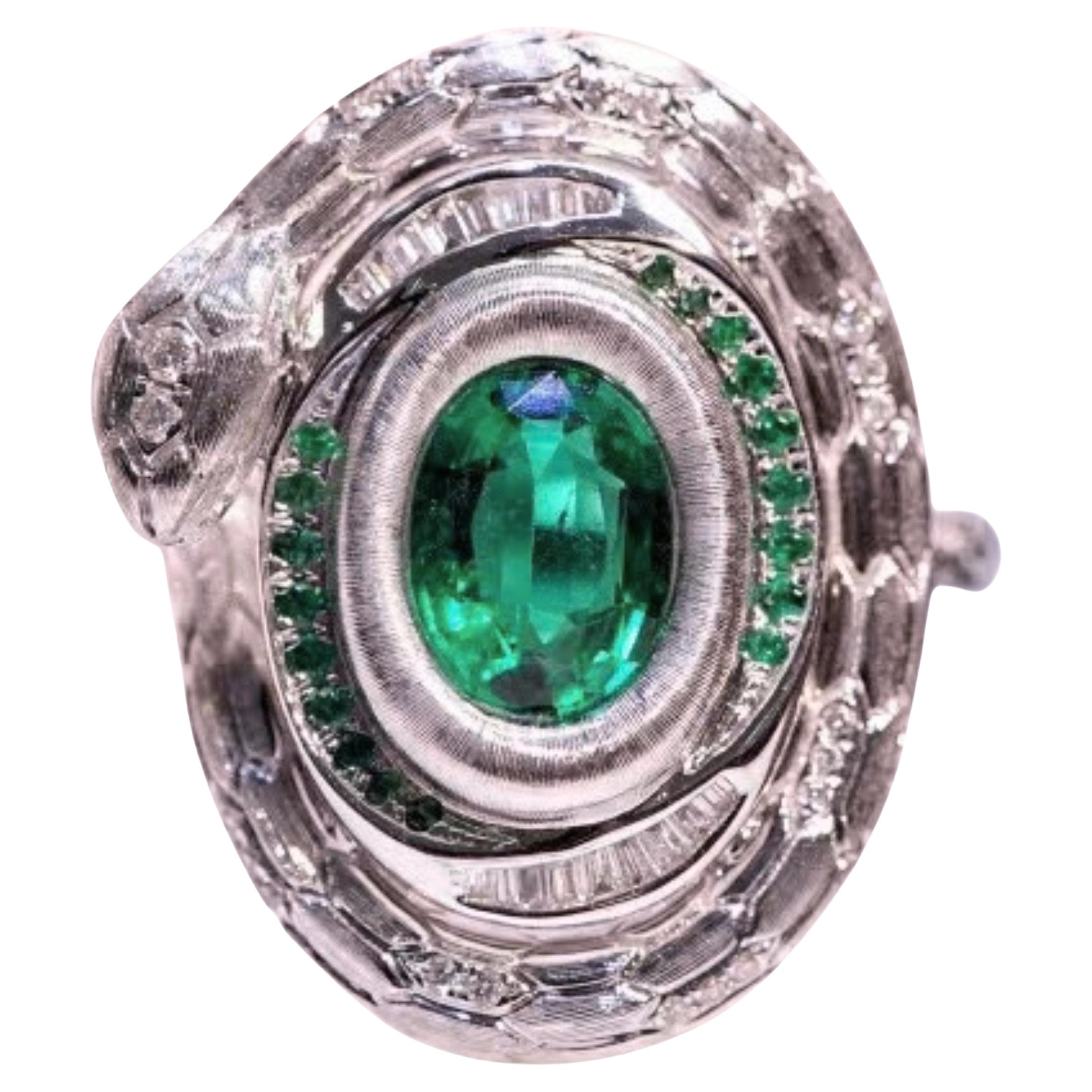 18K White Gold 0.93 CT Emerald & Diamond Snake Ring