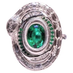 18K White Gold 0.93 CT Emerald & Diamond Snake Ring