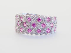 18K White Gold 0.95ct Round Cut Pink Sapphire & 0.41ct Diamond Woven Band Ring