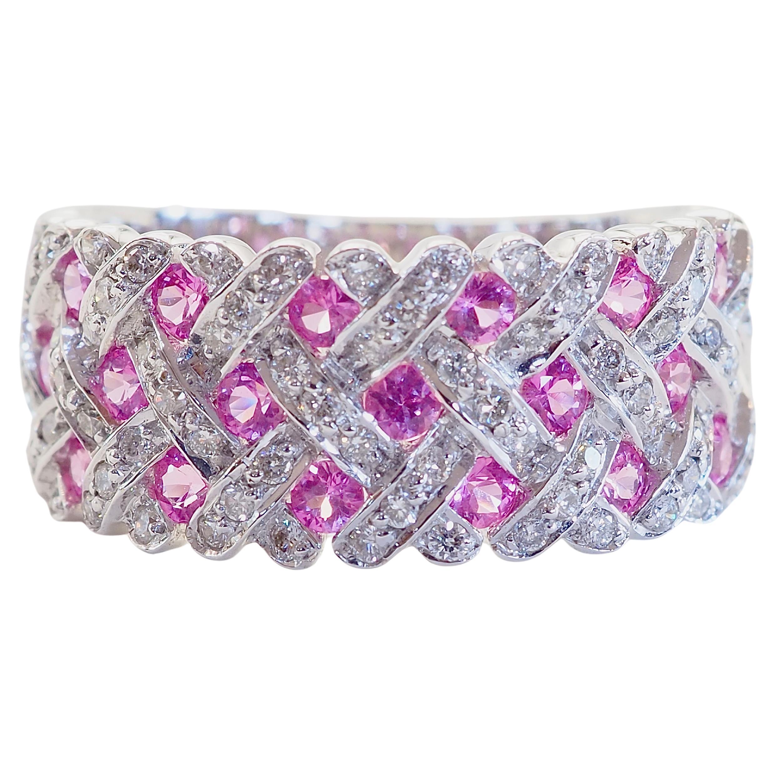 18K White Gold 0.95ct Round Cut Pink Sapphire & 0.41ct Diamond Woven Band Ring