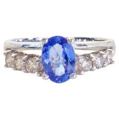 18K Weißgold 0,95ct Violettblauer Tansanit & 0,34ct Brillant Diamant Feiner Ring