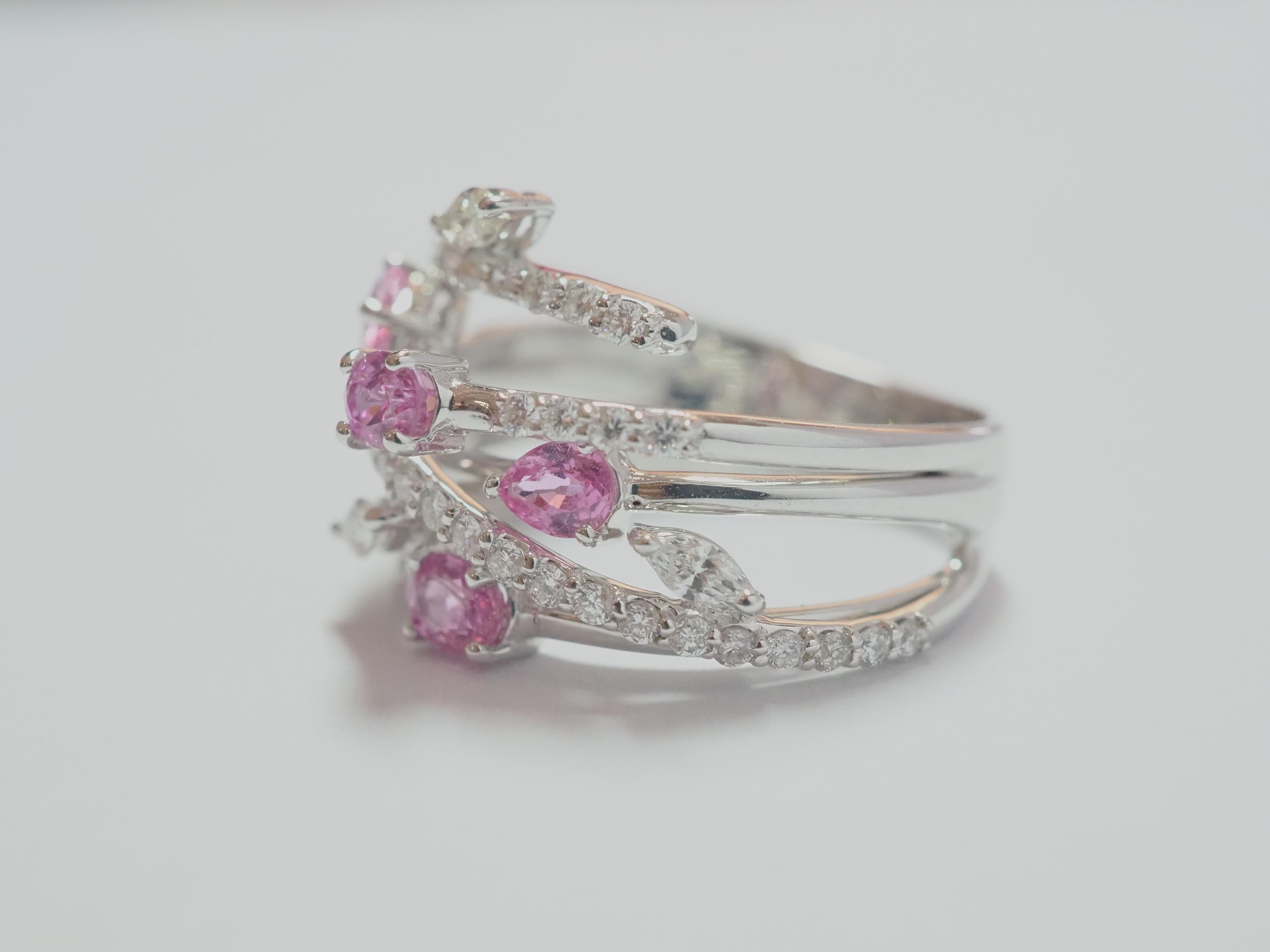 Pear Cut 18K White Gold 0.96ct Pink Sapphires & 0.64ct Diamonds Floral Cocktail Ring For Sale