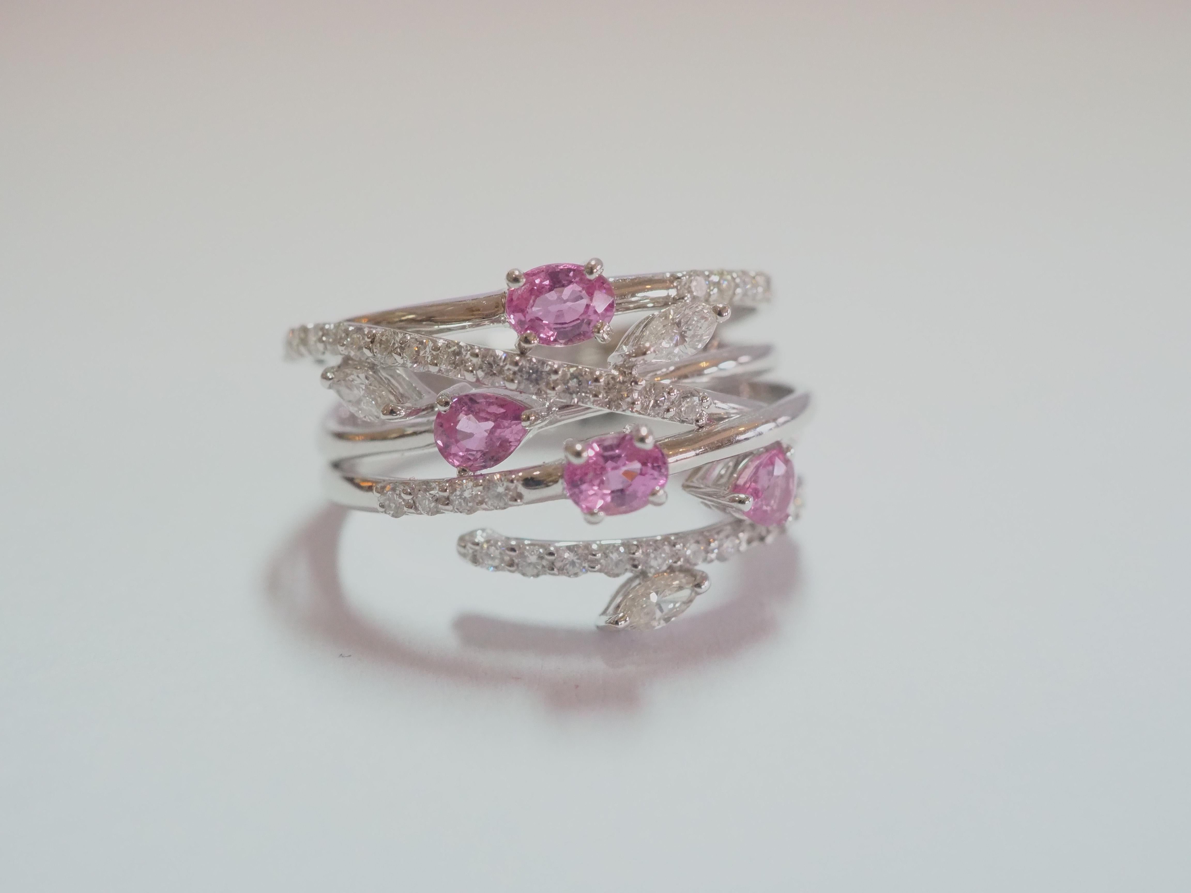 Women's 18K White Gold 0.96ct Pink Sapphires & 0.64ct Diamonds Floral Cocktail Ring For Sale