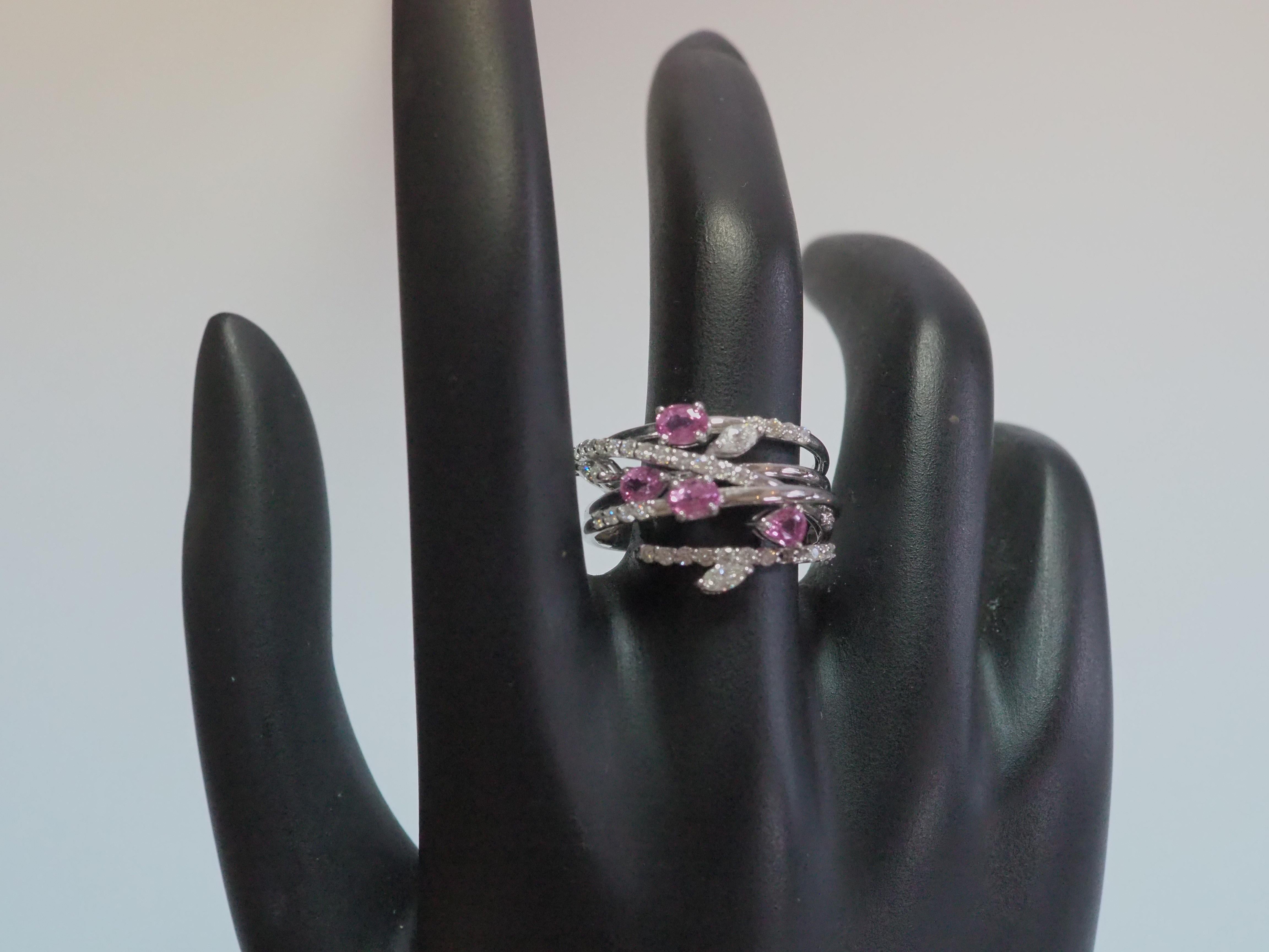 18K White Gold 0.96ct Pink Sapphires & 0.64ct Diamonds Floral Cocktail Ring For Sale 2