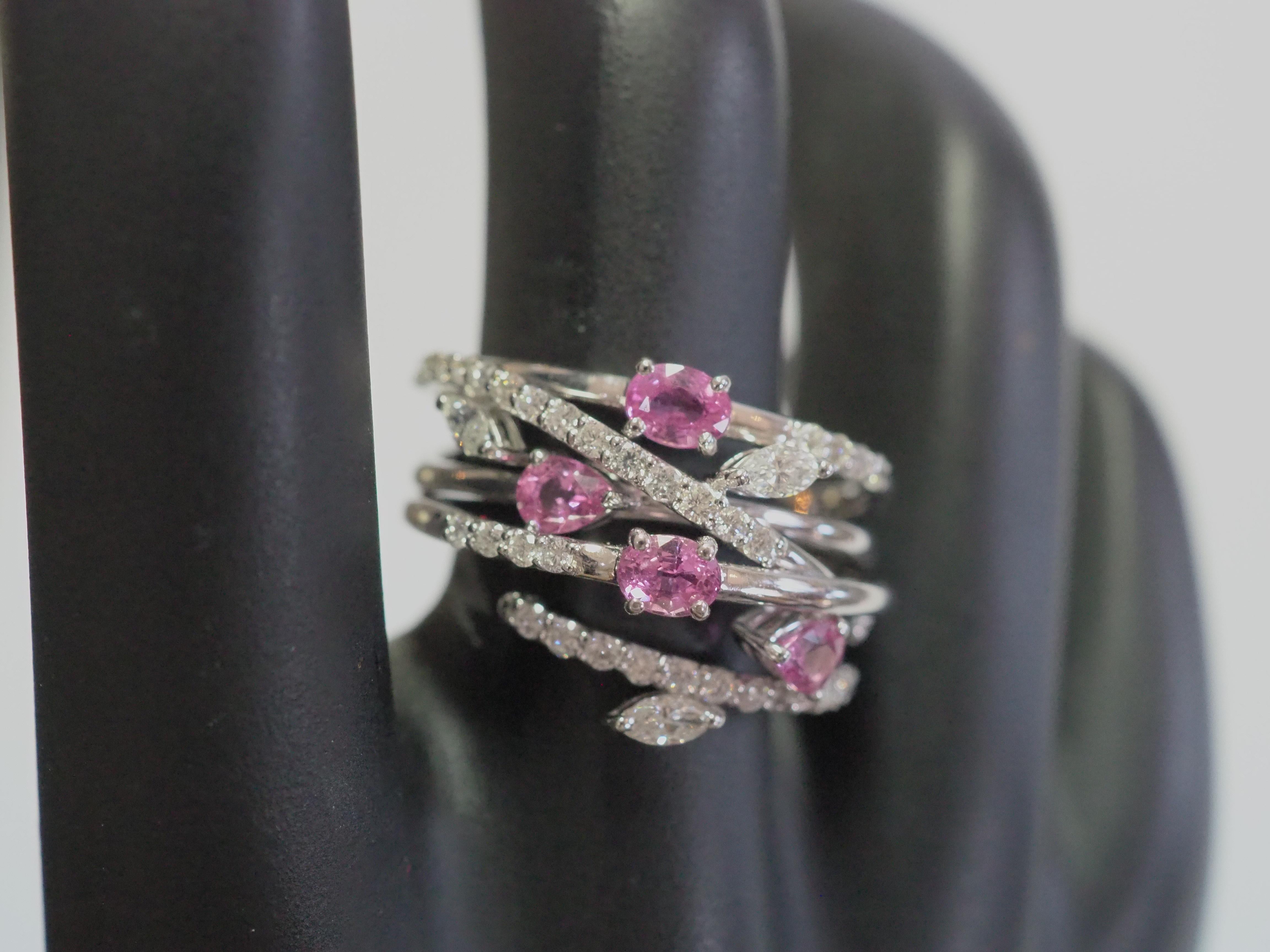18K White Gold 0.96ct Pink Sapphires & 0.64ct Diamonds Floral Cocktail Ring For Sale 3