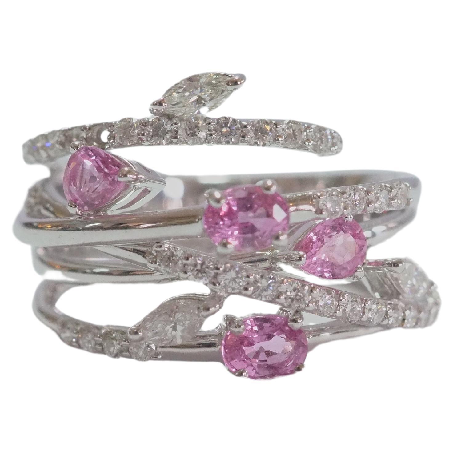 18K White Gold 0.96ct Pink Sapphires & 0.64ct Diamonds Floral Cocktail Ring For Sale