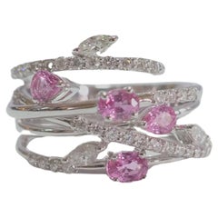 Vintage 18K White Gold 0.96ct Pink Sapphires & 0.64ct Diamonds Floral Cocktail Ring