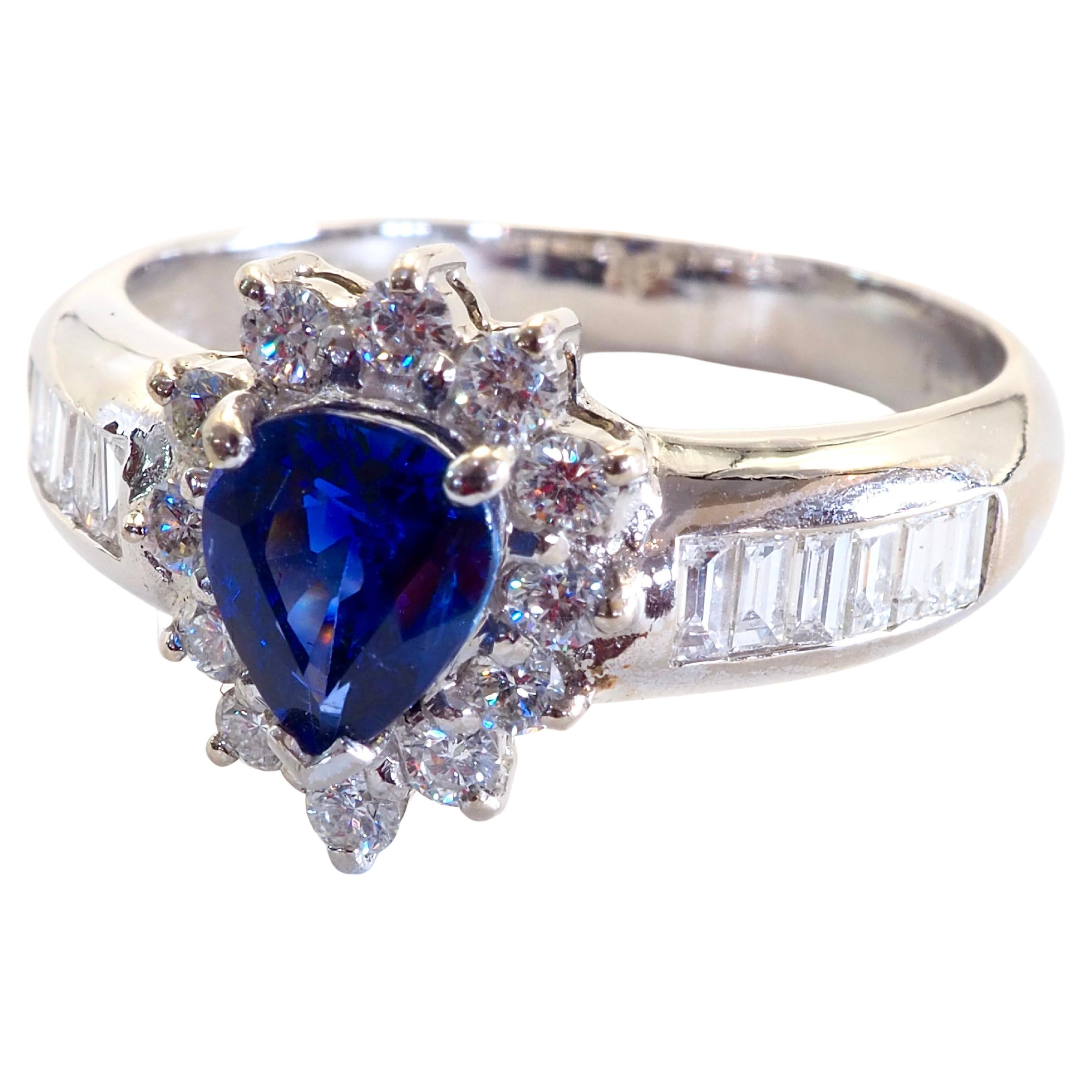 Femenino o masculino Anillo de oro blanco de 18 quilates con zafiro azul pera de 0,98 ct y diamante de 0,60 ct en venta
