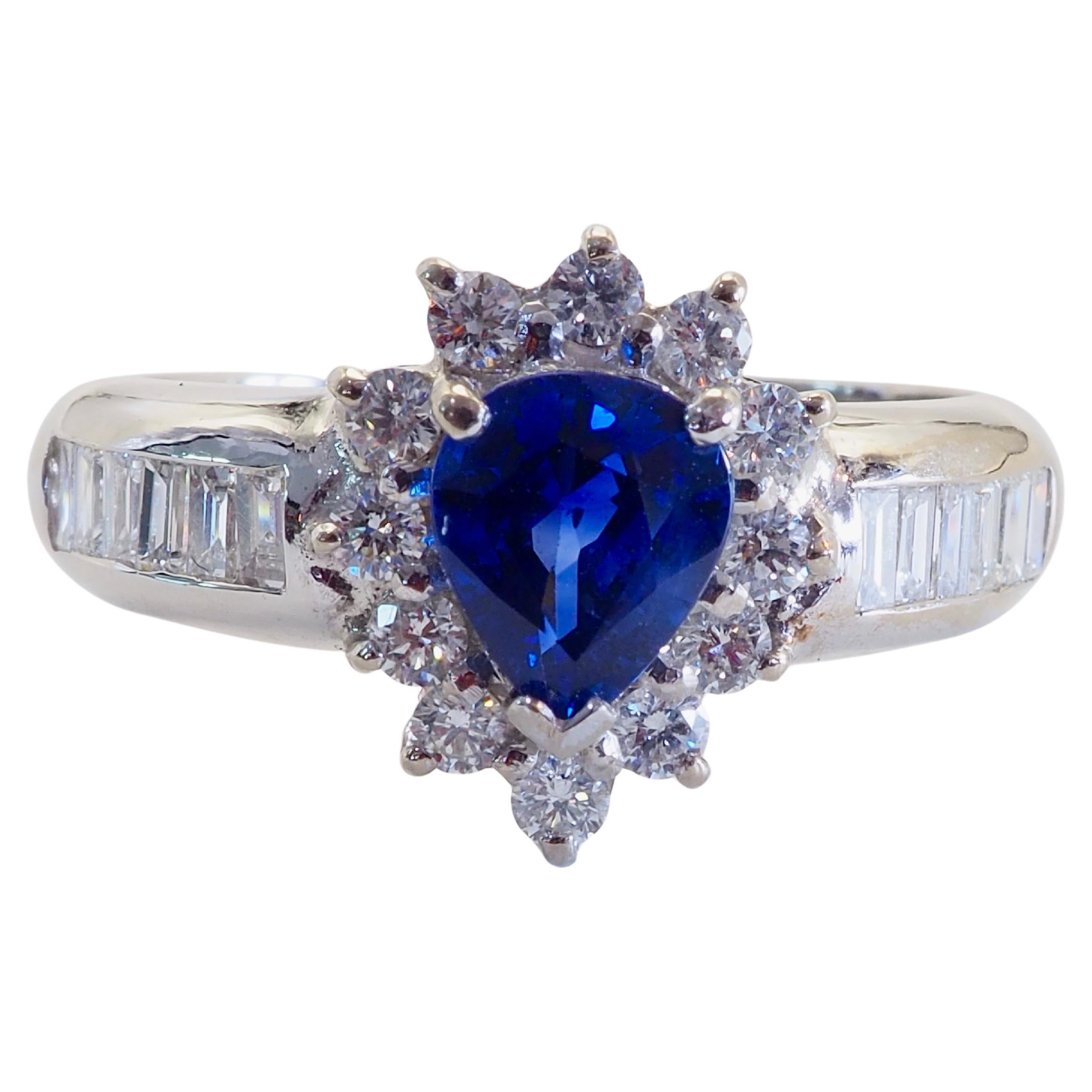 18K Weißgold 0,98ct Vivid Pear Blue Sapphire & 0,60ct Diamond Band Ring