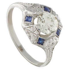 Anillo Octágono de Zafiro y Diamante de Oro Blanco de 18 K y 0,99 ct