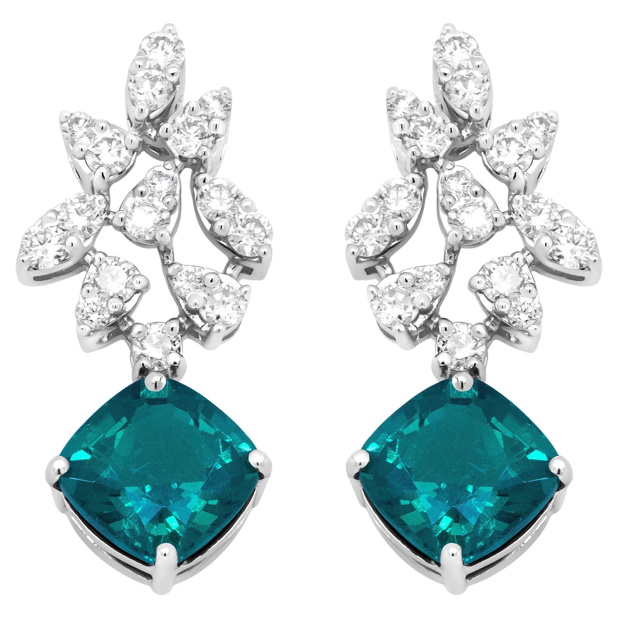 18K White Gold 1 1/10 Carat Diamond and Green Emerald Drop Earrings